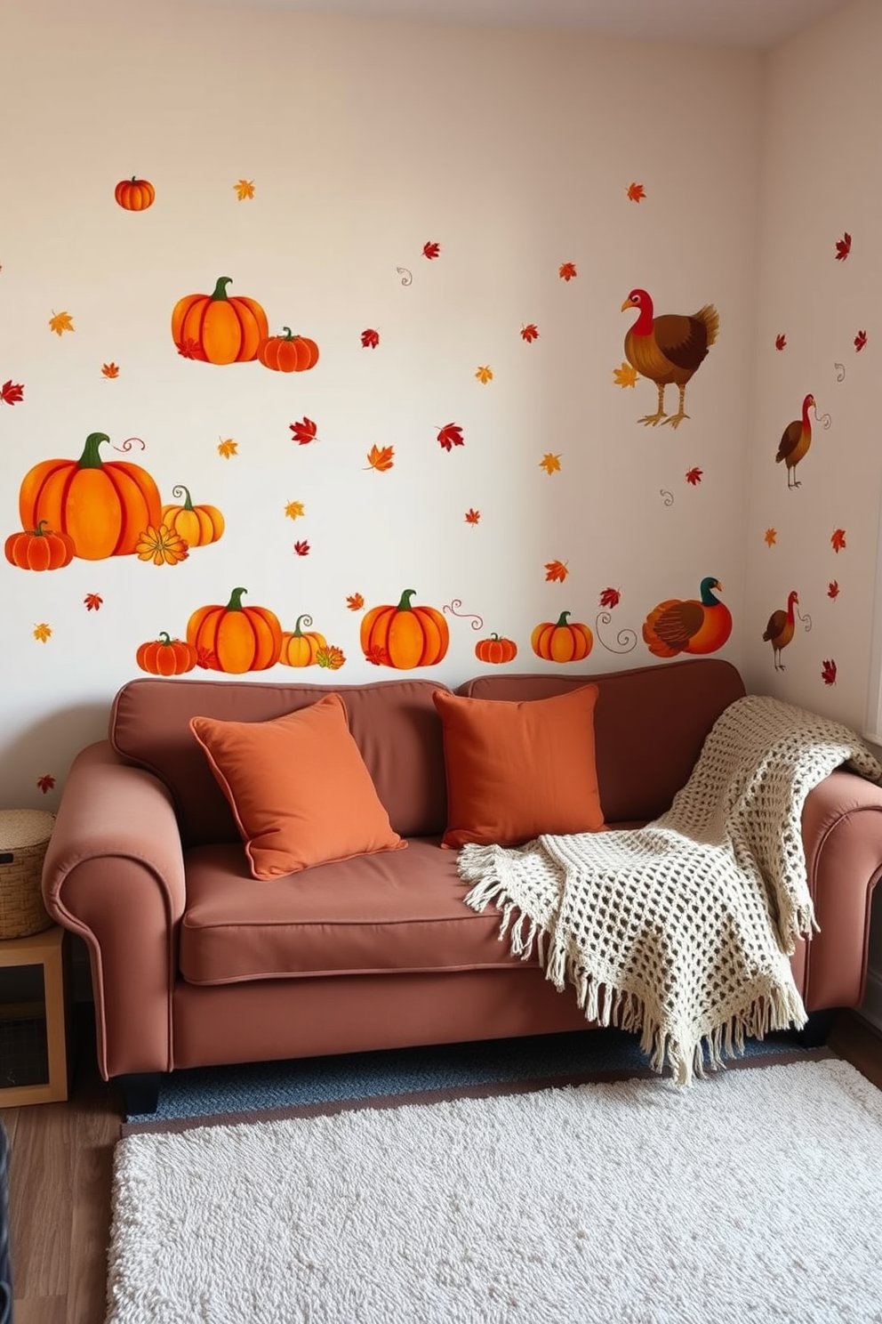 A cozy small living room adorned with Thanksgiving-themed wall decals featuring pumpkins, autumn leaves, and turkeys. The space is decorated with warm-toned cushions and a knitted throw draped over a plush sofa, creating an inviting atmosphere for gatherings.