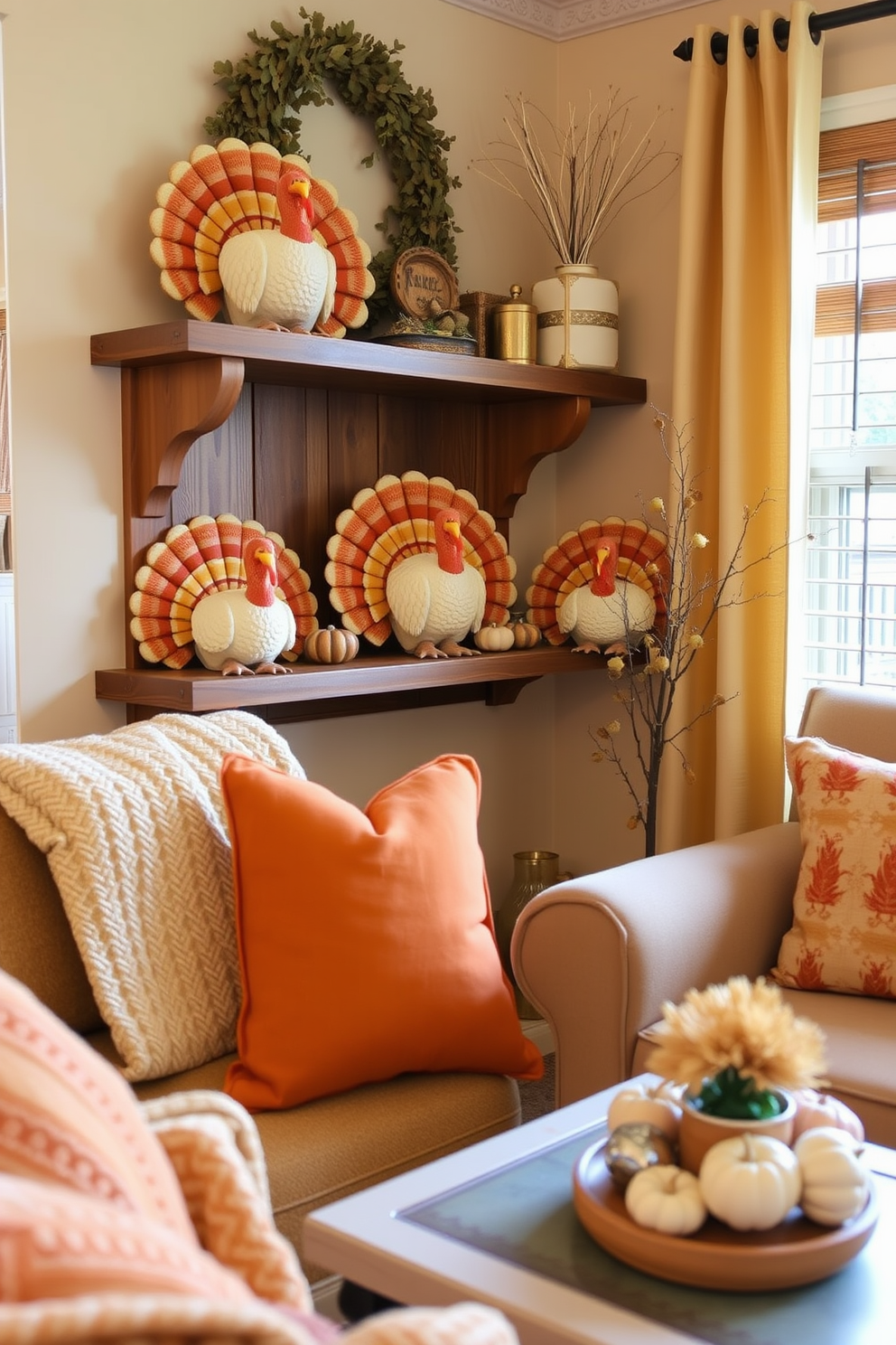 Charming turkey figurines are displayed on wooden shelves, adding a festive touch to the decor. The small living room features warm autumn colors with cozy textiles and seasonal accents to create an inviting atmosphere.