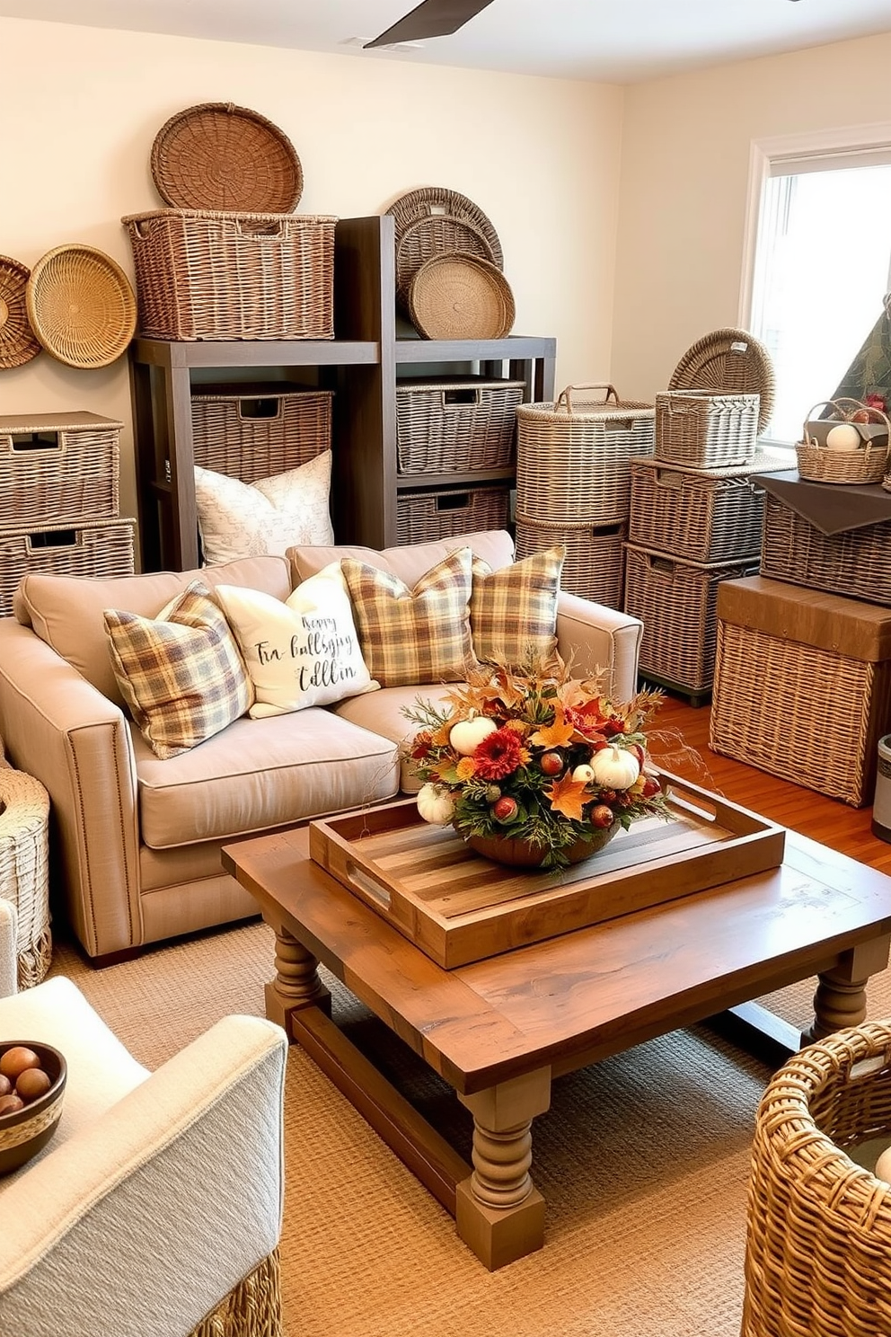 A cozy small living room adorned with woven baskets for storage and decor. The baskets are placed strategically around the room, adding texture and warmth to the space. A stylish arrangement features a plush sofa with autumn-themed throw pillows. A rustic coffee table sits in the center, topped with a centerpiece of seasonal decorations for Thanksgiving.