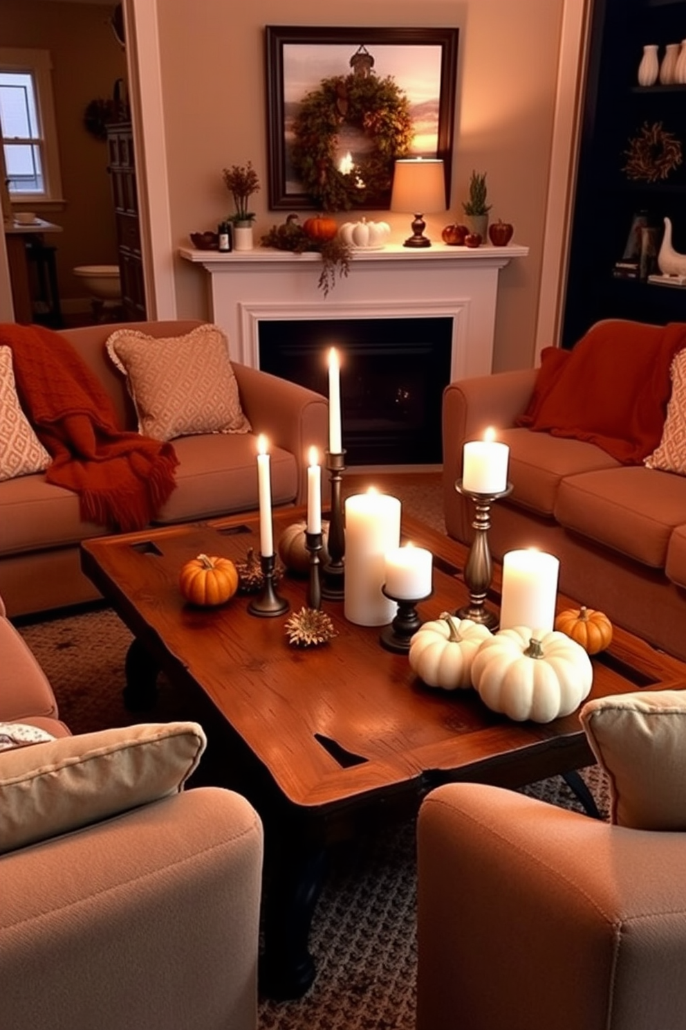 Charming lanterns softly illuminate the cozy living room, casting a warm glow that enhances the festive Thanksgiving atmosphere. The space is adorned with plush cushions and a rustic coffee table, creating an inviting setting for gatherings with family and friends.