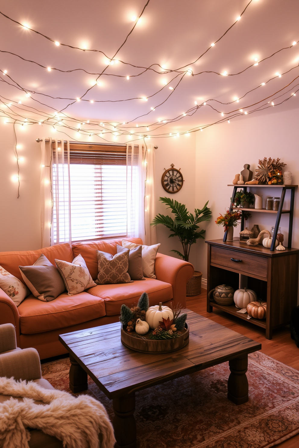 A cozy small living room decorated for Thanksgiving features soft warm lighting emanating from stylish table lamps placed on side tables. The room is adorned with autumn-themed decor, including a plush throw blanket draped over the couch and a centerpiece of seasonal flowers on the coffee table.