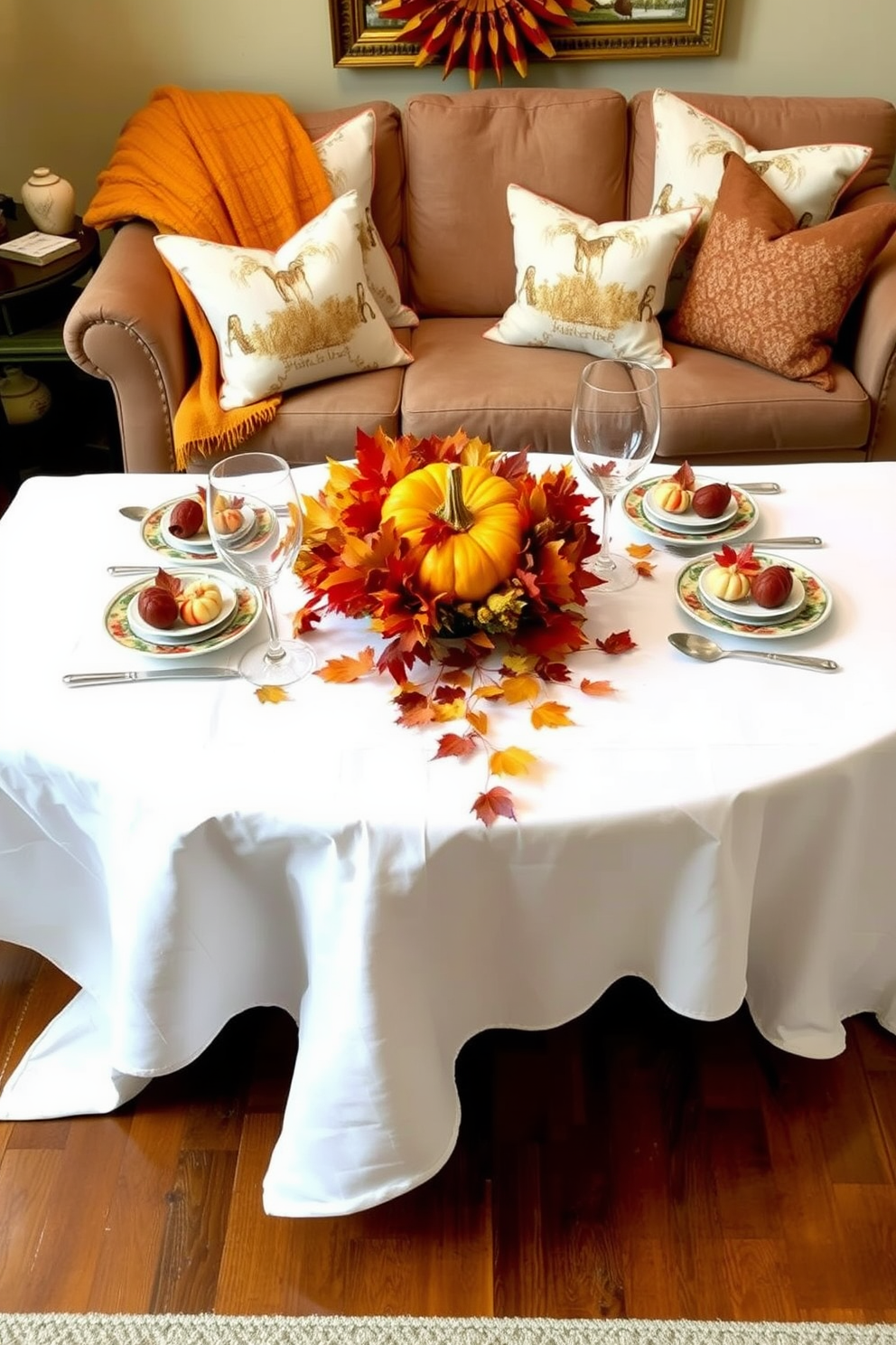 A cozy small living room adorned for Thanksgiving. Decorative bowls filled with seasonal fruit are placed on a rustic coffee table, surrounded by plush cushions and warm-toned throws.