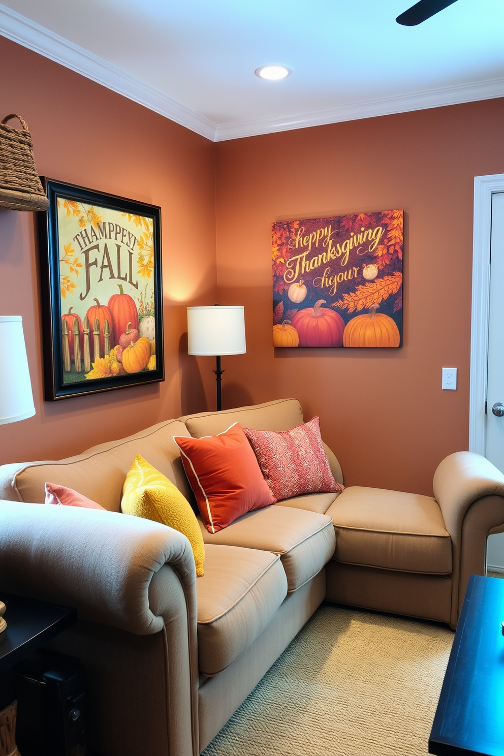 A cozy small living room decorated for Thanksgiving features warm tones and seasonal accents. The walls are adorned with charming wall decals of turkeys and autumn leaves, creating a festive atmosphere. A plush sofa is draped with a knitted throw in rich orange hues. On the coffee table, a centerpiece of pumpkins and candles adds to the inviting ambiance.