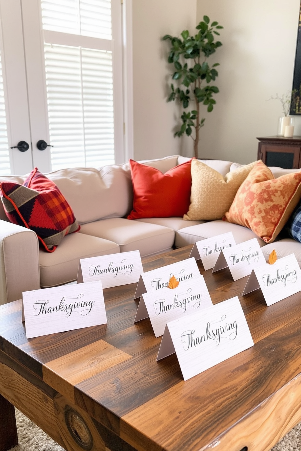 Personalized place cards for guests at Thanksgiving. Each card features elegant calligraphy on textured paper, adorned with a small autumn leaf accent. Small living room decorating ideas. The space is filled with a cozy sectional sofa in a neutral tone, complemented by vibrant throw pillows and a rustic coffee table made of reclaimed wood.