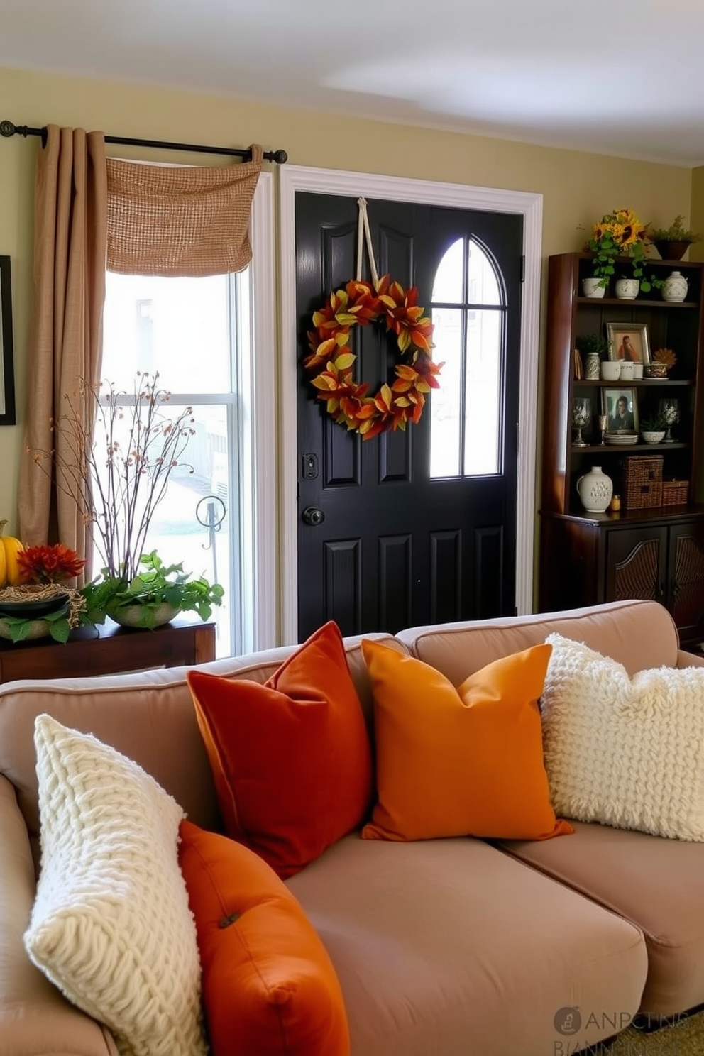 A charming small living room decorated for Thanksgiving. A hanging autumn wreath adorns the front door, while cozy throw pillows in warm tones are arranged on a plush sofa.