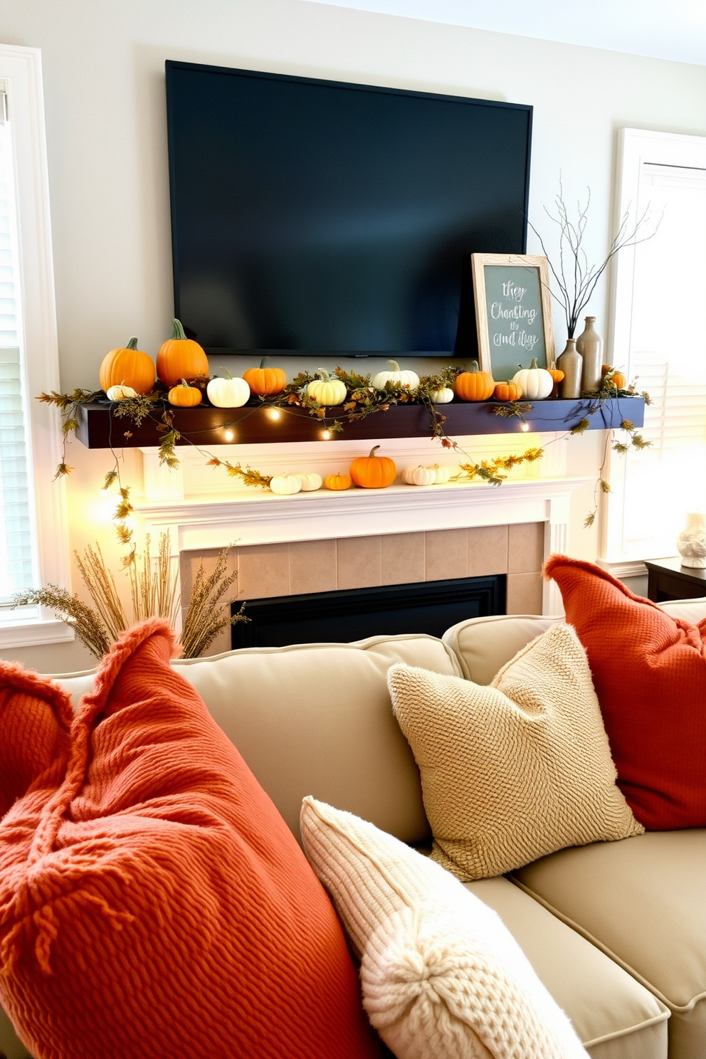 A cozy living room decorated for Thanksgiving features a fireplace adorned with miniature pumpkins in various shades of orange and white. Soft, warm lighting enhances the inviting atmosphere, while plush throw pillows in autumn colors are scattered across a comfortable sofa.