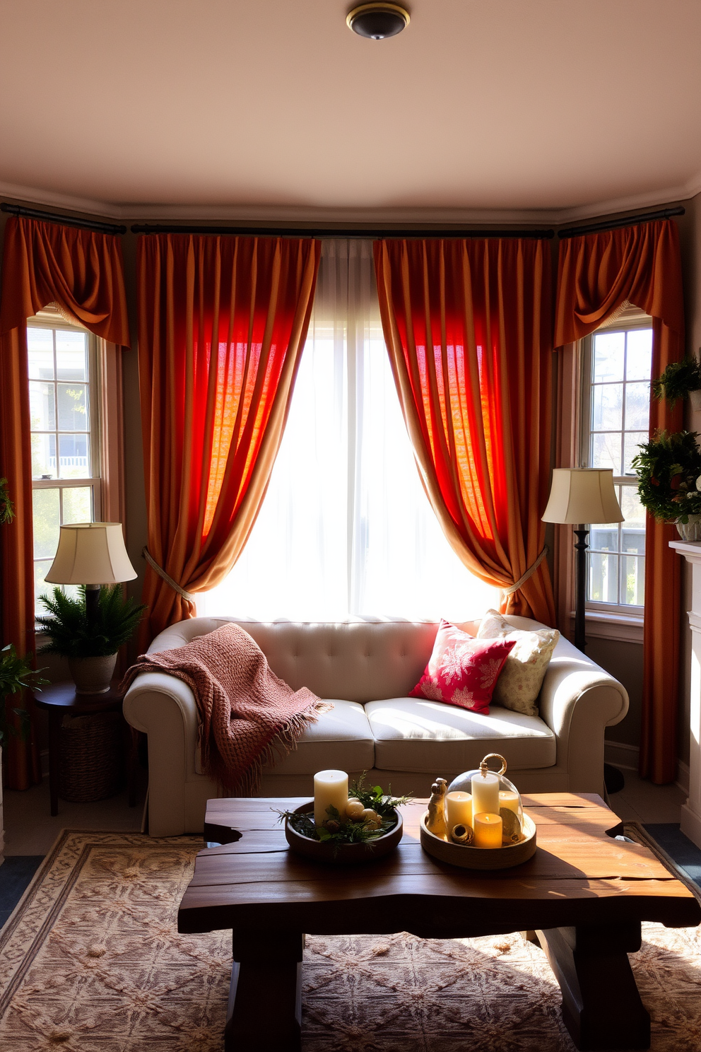 A cozy small living room adorned with warm-toned curtains that softly filter the sunlight. The space features a plush sofa with an inviting throw blanket and a rustic coffee table adorned with seasonal decorations.