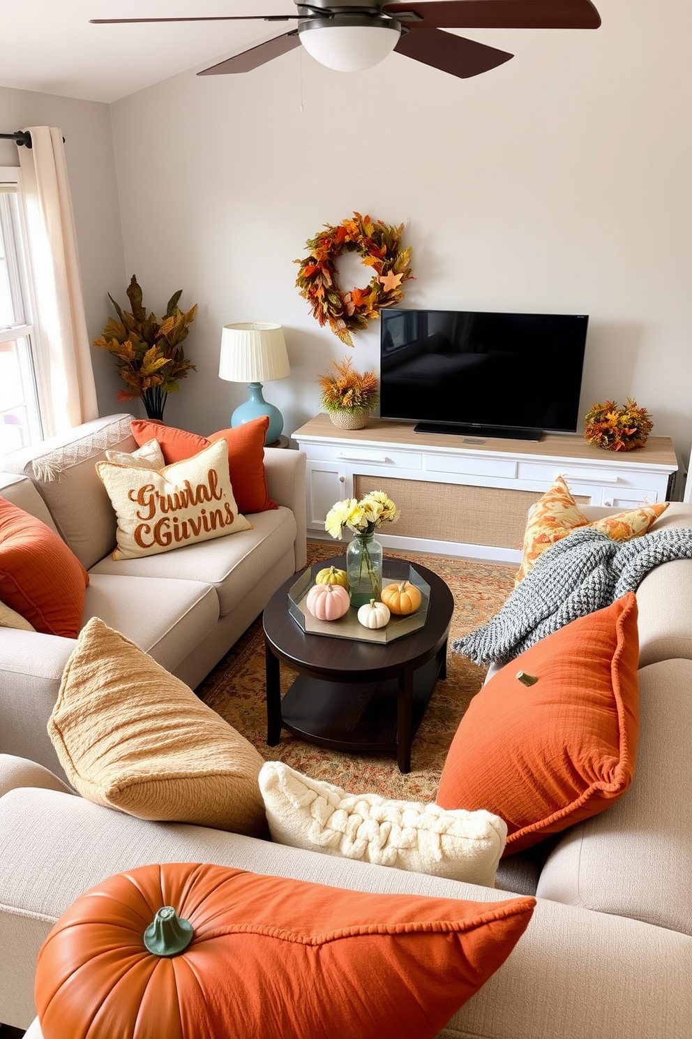 A cozy small living room adorned for Thanksgiving features a beautifully set table with a rich, textured tablecloth in deep burgundy. On the table, layered fabric placemats in contrasting patterns add depth, while elegant napkins are artfully folded and placed beside each setting. The seating area is enhanced with plush throw pillows in warm autumn colors, inviting guests to relax and enjoy the festive atmosphere. Soft, ambient lighting from a stylish lamp casts a warm glow over the space, creating a welcoming environment for gatherings.