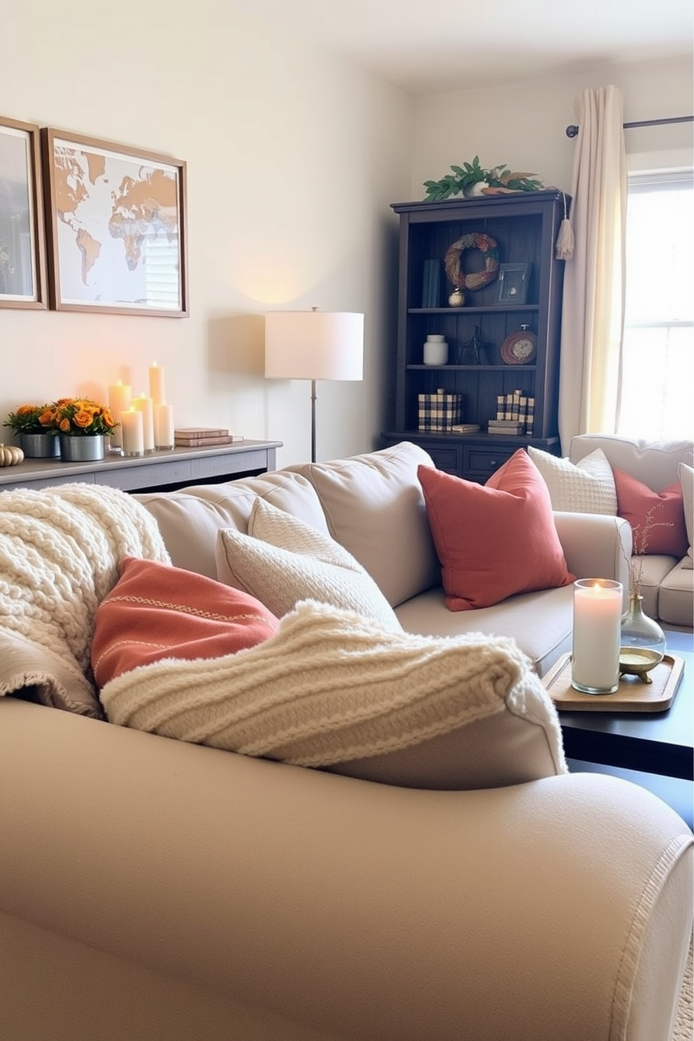 Create a cozy small living room setting for Thanksgiving featuring seasonal scents with scented candles. The room is adorned with warm autumn colors, including orange and gold accents, and a plush throw blanket drapes over a comfortable sofa.