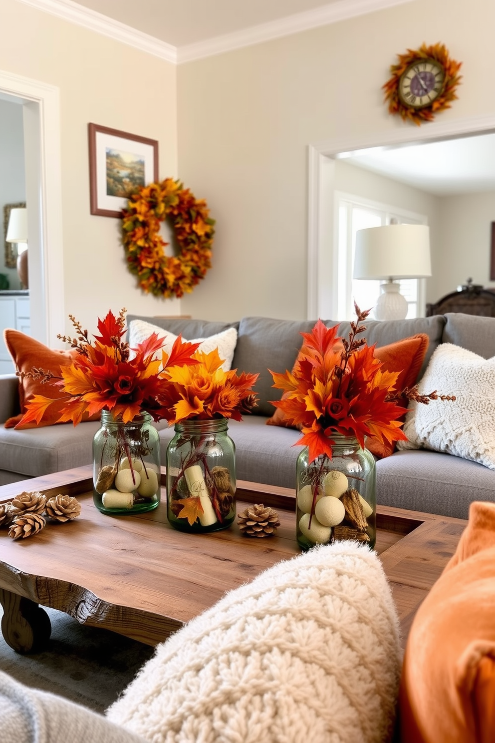 A cozy small living room decorated for Thanksgiving features small chalkboards displaying festive messages. The space is adorned with warm-toned throw pillows and a soft blanket draped over a stylish armchair.