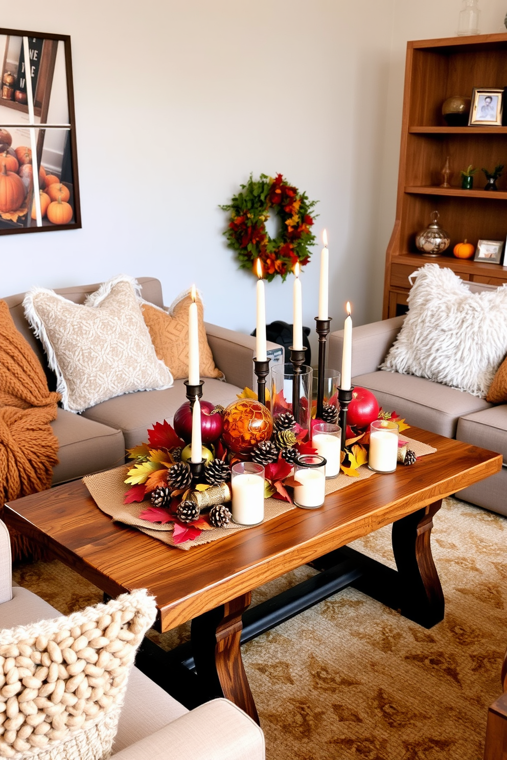 Creative centerpieces with mixed textures for a Thanksgiving celebration. Picture a small living room adorned with a rustic wooden table featuring a vibrant autumn-themed centerpiece, combining elements like burlap, glass, and natural foliage. Incorporate candles of varying heights surrounded by pinecones and colorful leaves to enhance the cozy atmosphere. The space is accented with plush cushions and warm-toned throws, inviting guests to gather and enjoy the festive spirit.