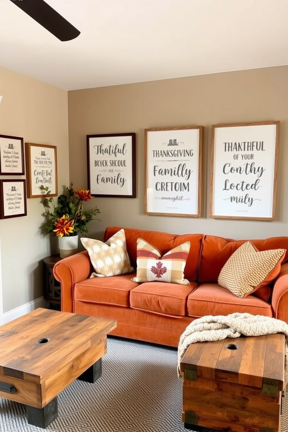 A cozy small living room decorated for Thanksgiving. The walls are adorned with framed quotes about gratitude and family, adding a warm and inviting touch to the space. A plush sofa in rich autumn colors is complemented by a rustic coffee table made of reclaimed wood. Decorative pillows in seasonal patterns and a woven throw blanket enhance the comfort and charm of the room.