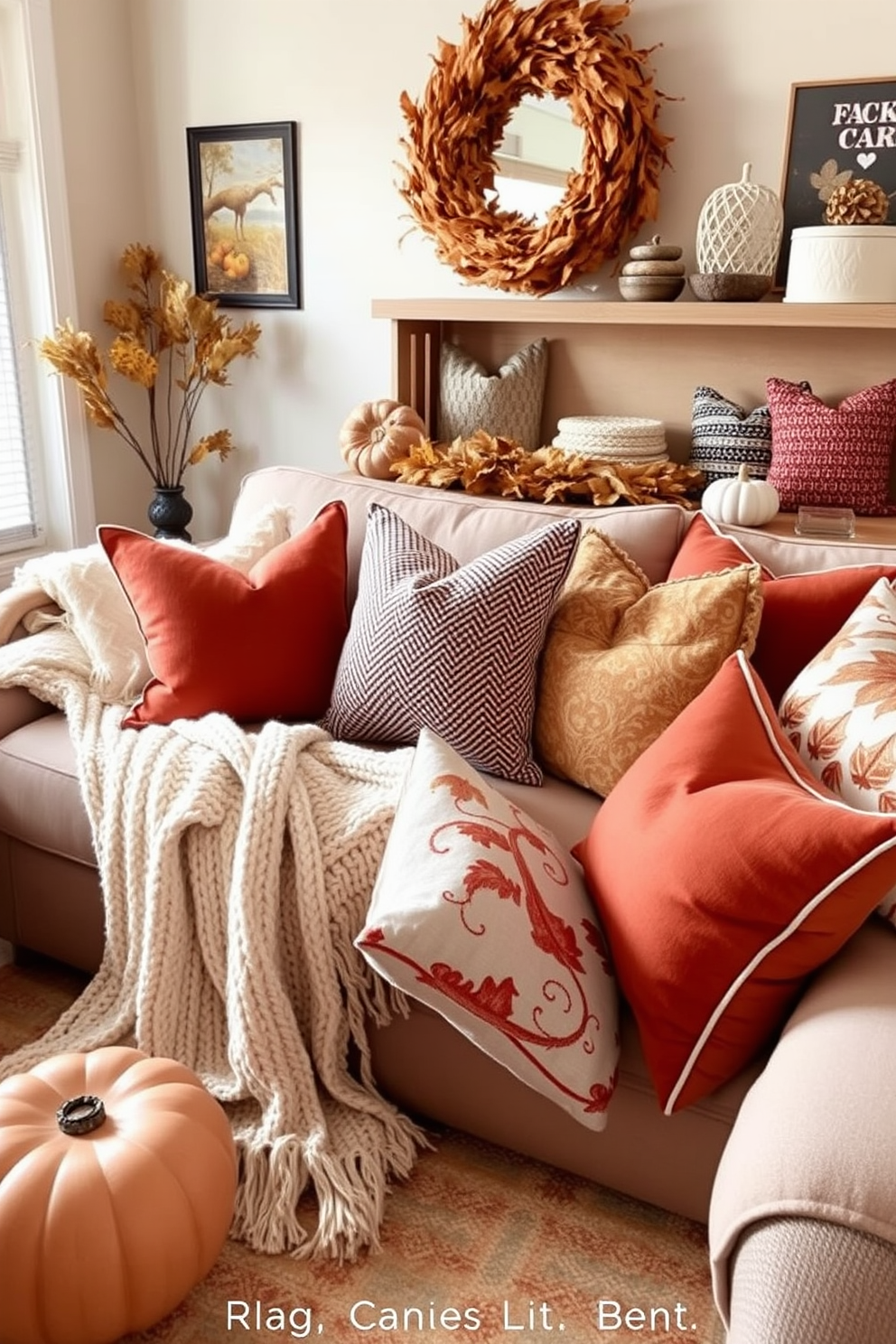 A cozy small living room adorned for Thanksgiving features layered textures with plush throws and decorative cushions in warm autumn colors. The seating area includes a comfortable sofa draped with a soft knit throw, accompanied by an array of patterned and solid cushions to create an inviting atmosphere.