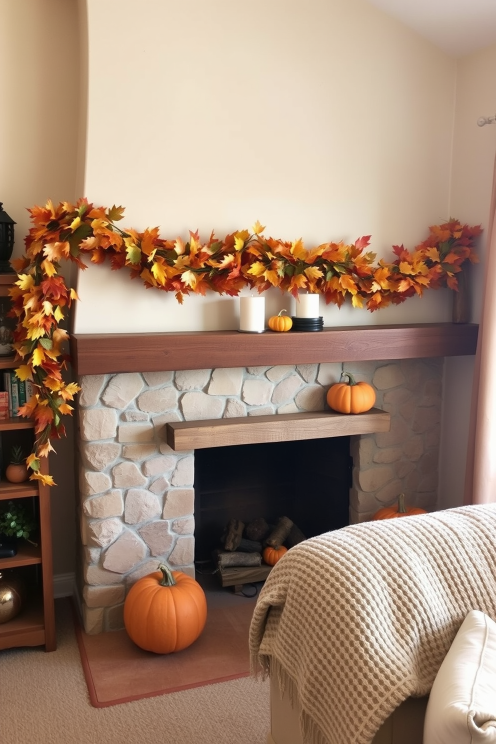 A cozy small living room adorned for Thanksgiving features a rustic coffee table at the center. On the table, warm candle arrangements in varying heights are surrounded by autumn leaves and small pumpkins, creating an inviting atmosphere.