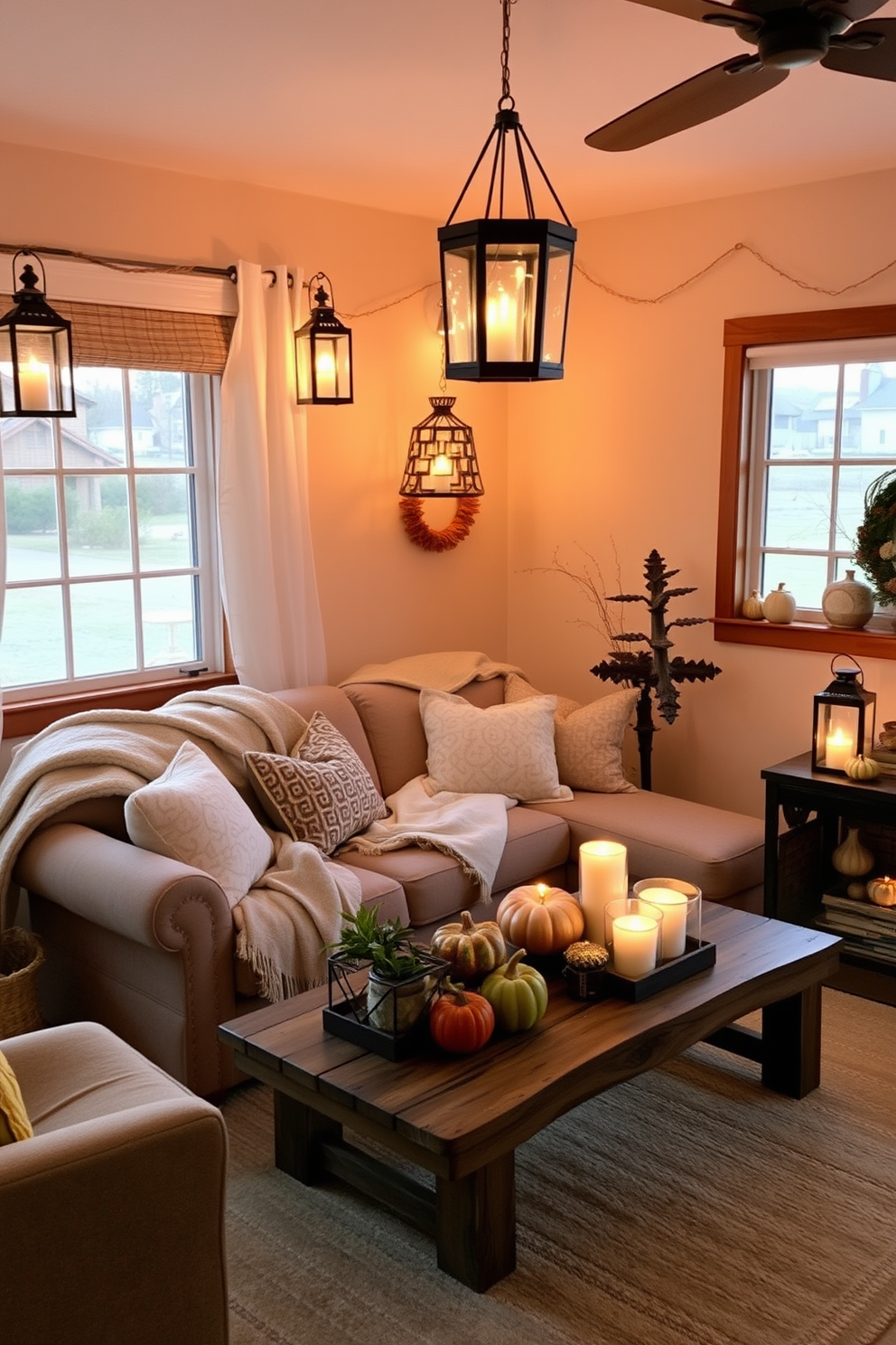 A warm and inviting Thanksgiving table setting adorned with autumn-themed decorations. The table is draped in a rich burgundy tablecloth, featuring a centerpiece of pumpkins and colorful fall leaves. A cozy small living room designed for comfort and style. The space includes a plush sectional sofa in a neutral tone, accented with vibrant throw pillows and a rustic coffee table made of reclaimed wood.