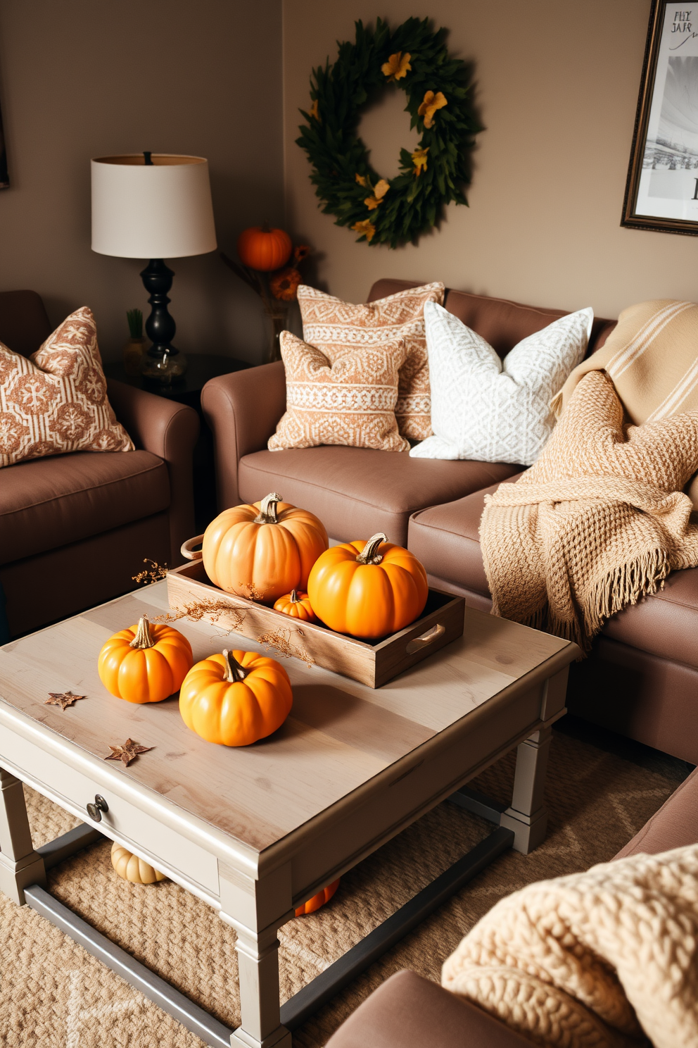 A cozy small living room decorated for Thanksgiving features a coffee table adorned with charming pumpkin accents. The warm autumn colors create a welcoming atmosphere, complemented by soft throw pillows and a plush blanket draped over the couch.