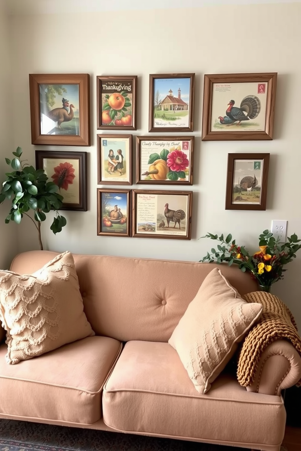 A cozy small living room adorned with vintage Thanksgiving postcards as wall art. The postcards are framed in rustic wooden frames and arranged in a charming gallery wall above a plush, neutral-colored sofa.