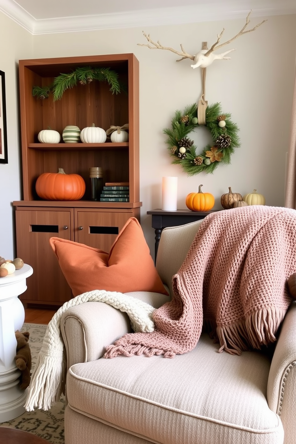 A cozy small living room decorated for Thanksgiving features natural elements like pinecones and acorns. The space is adorned with warm-toned cushions and a textured throw blanket draped over a plush armchair, creating an inviting atmosphere.