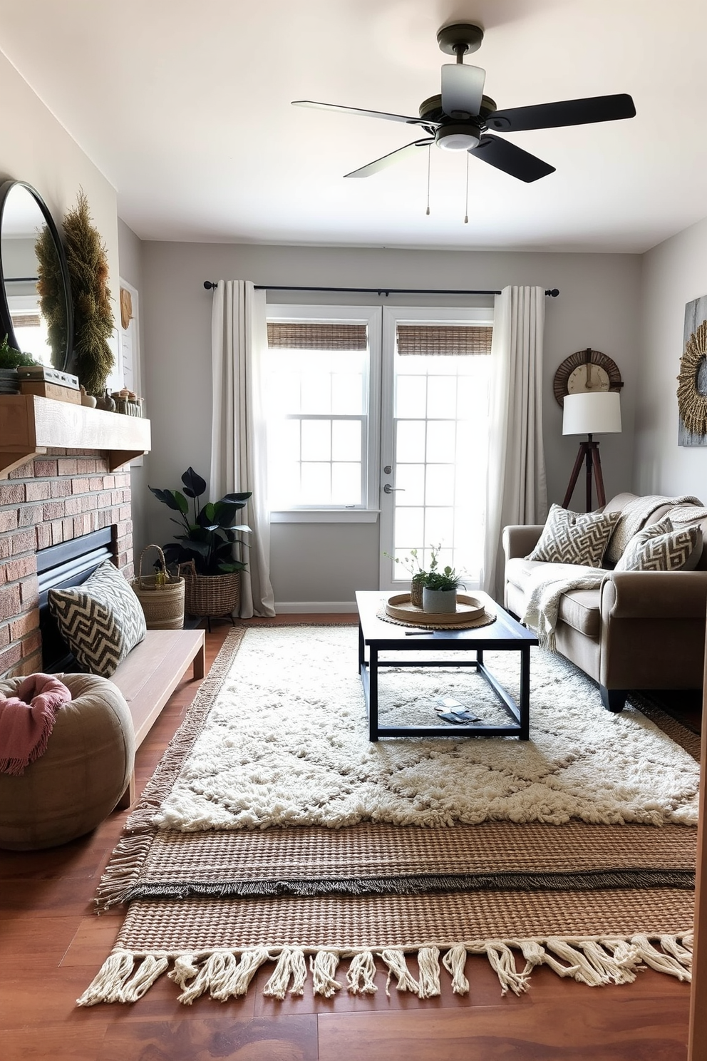 A cozy small living room adorned with layered rugs in various textures and colors. The space features a plush area rug underneath a woven jute rug, creating a warm and inviting atmosphere for Thanksgiving gatherings.