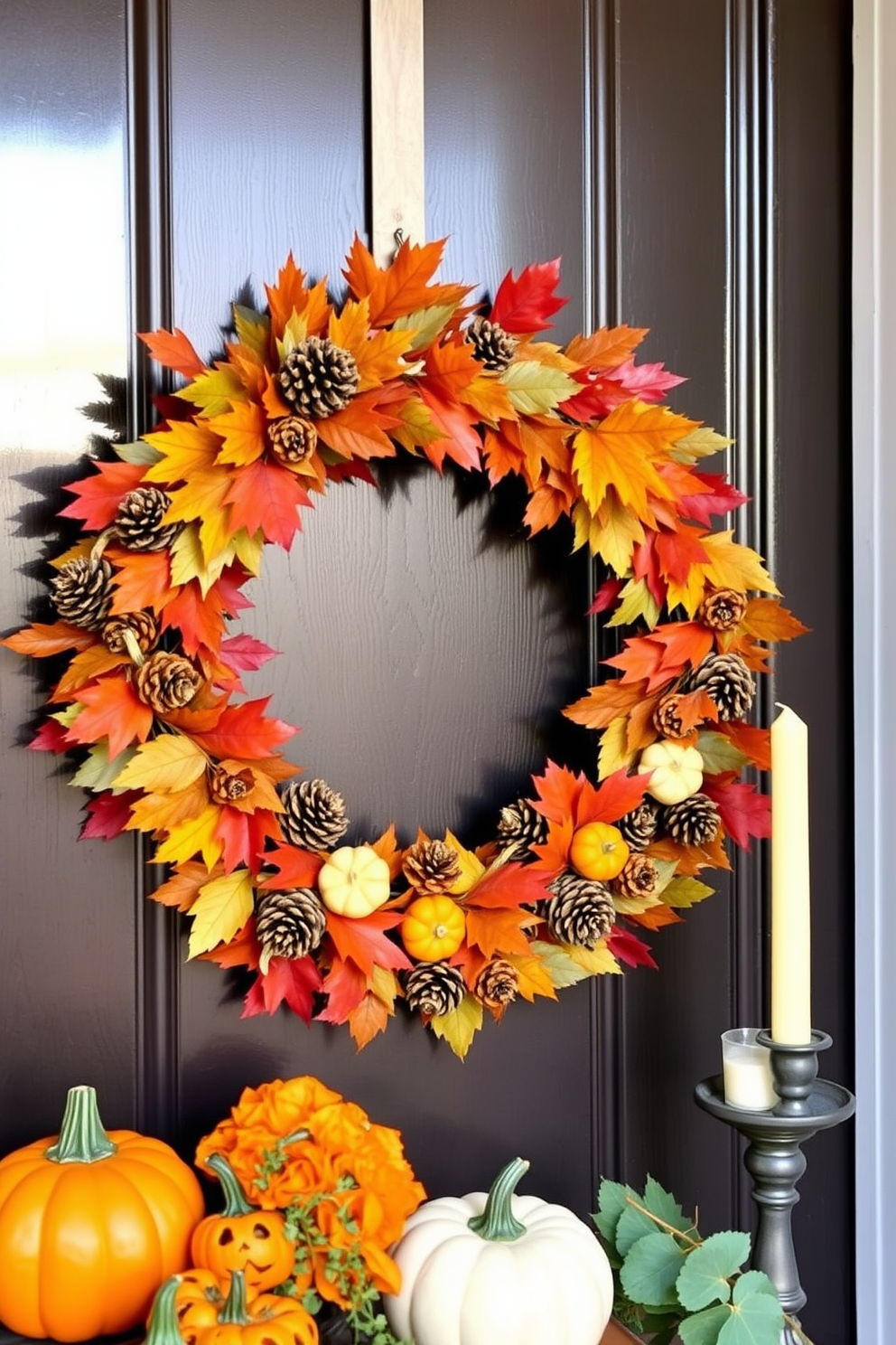 Thanksgiving wreath on front door. The wreath is made of vibrant autumn leaves, pinecones, and small pumpkins, creating a warm and inviting entrance. Thanksgiving small space decorating ideas. Use a combination of seasonal accents like mini pumpkins and candles to create a cozy atmosphere in limited areas.