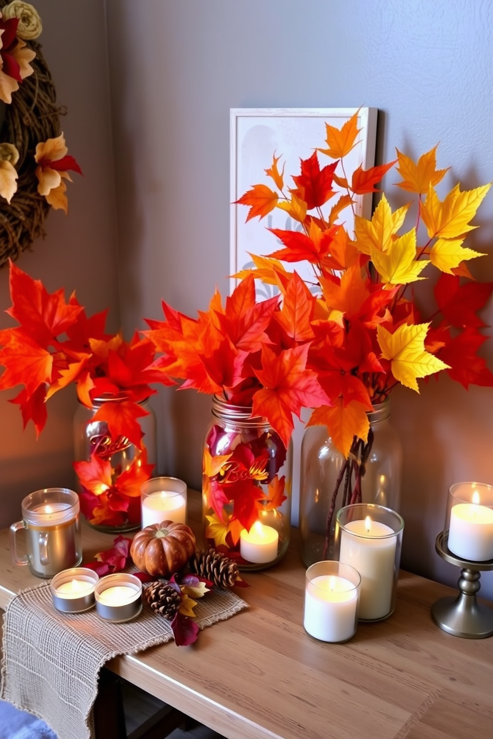 A cozy corner decorated for Thanksgiving showcases mason jars filled with vibrant fall leaves in rich reds, oranges, and yellows. The jars are arranged on a small wooden table, surrounded by candles and a rustic table runner, creating a warm and inviting atmosphere.