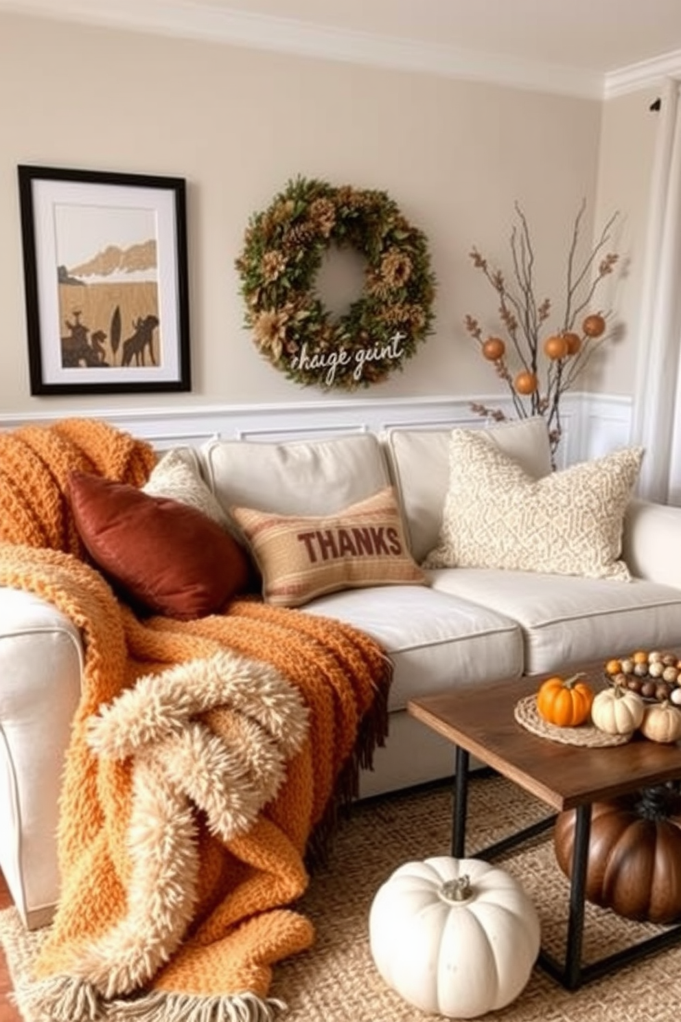 A cozy Thanksgiving-inspired small space decorated with warm colors and textures. The room features a compact dining table adorned with a festive tablecloth, surrounded by mismatched chairs. On the table, there are several scented candles in various heights, casting a soft glow across the setting. A centerpiece of seasonal fruits and small pumpkins adds a touch of autumn charm.