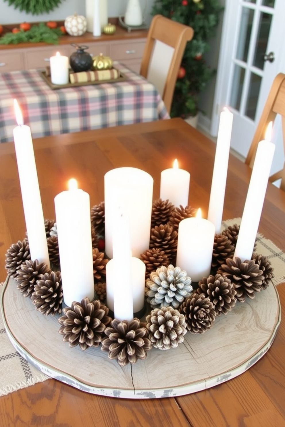 Pinecones artfully arranged on a rustic wooden dining table create a warm and inviting Thanksgiving atmosphere. Surrounding the pinecones, soft white candles flicker gently, enhancing the cozy ambiance of the small space. Thoughtfully chosen decorative elements like a plaid table runner and seasonal foliage complement the natural textures of the pinecones. The overall arrangement balances elegance and simplicity, making the most of the limited space while celebrating the festive spirit.