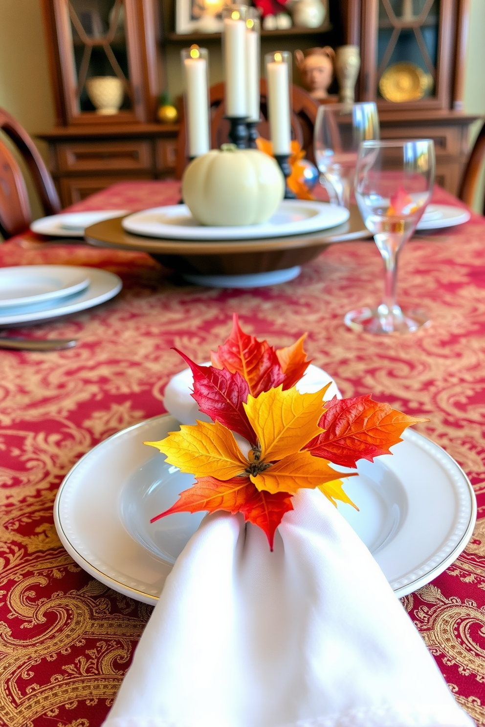 Festive napkin rings adorned with vibrant autumn leaves are elegantly placed on a beautifully set dining table. The warm colors of the leaves complement the rich tones of the tablecloth, creating a cozy atmosphere perfect for Thanksgiving gatherings. In a small space, clever decorating ideas can maximize style without overwhelming the area. Incorporating multi-functional furniture and seasonal decor can enhance the festive spirit while maintaining a sense of openness and comfort.