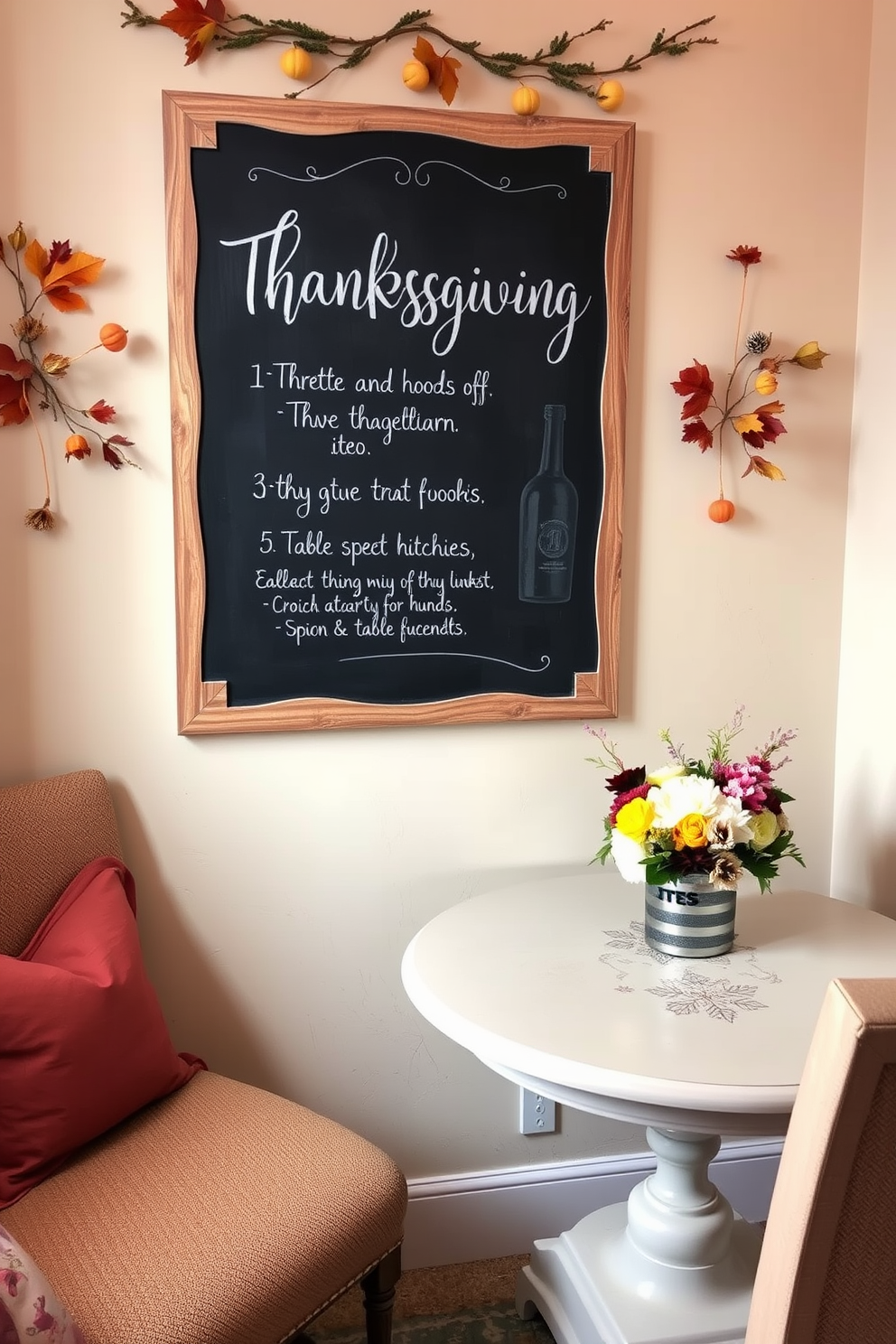 A chalkboard is elegantly displayed on a wall, showcasing a beautifully handwritten Thanksgiving menu that includes seasonal dishes. Surrounding the chalkboard, small decorative elements like autumn leaves and mini pumpkins create a warm and inviting atmosphere. In a cozy corner, a small table is adorned with a festive table runner and a centerpiece of fresh flowers. The space is enhanced with soft lighting and comfortable seating, making it perfect for intimate gatherings during the holiday season.