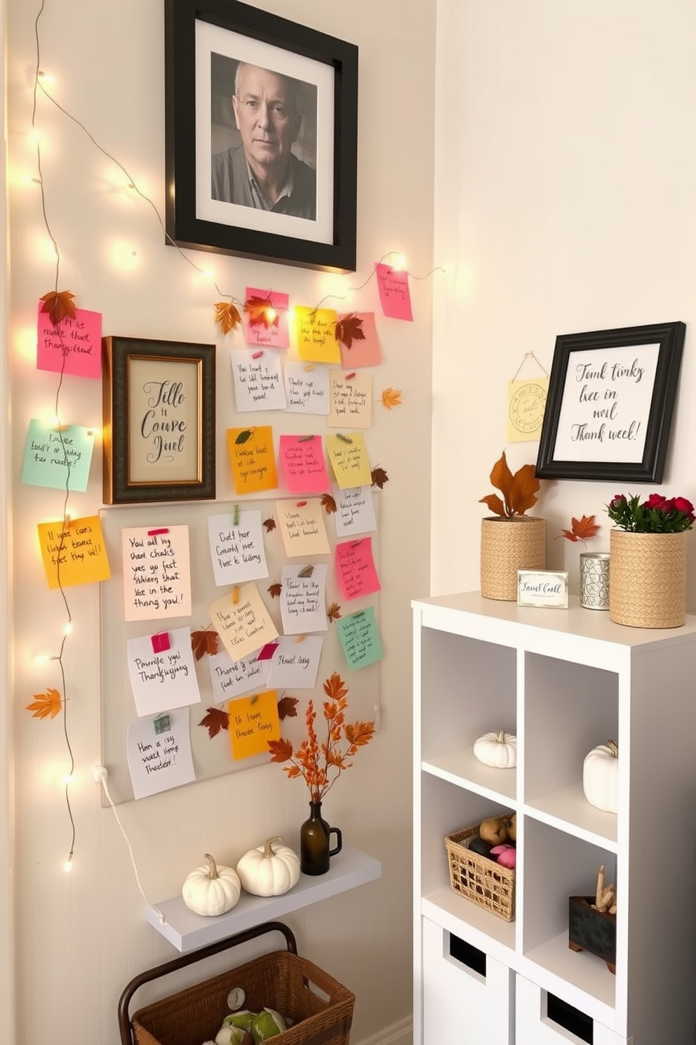 Create a gratitude wall that features colorful notes expressing thankfulness. The wall is adorned with twinkling fairy lights and a mix of framed and unframed notes in various sizes. Incorporate seasonal decorations like small pumpkins and autumn leaves to enhance the Thanksgiving theme. Use a compact shelving unit to display additional decorative items and create a cozy atmosphere in the small space.