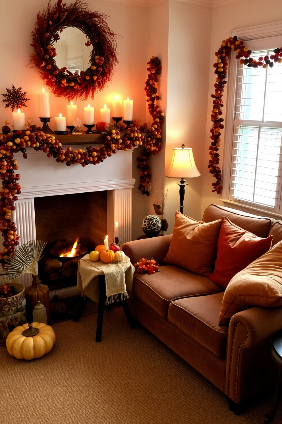 A cozy living area adorned with garlands made of dried fruit creates a warm and inviting atmosphere for Thanksgiving. The garlands are draped elegantly across the mantle, complementing the soft glow of candlelight and the rich autumnal colors of the decor. In the corner, a small table is set with a festive arrangement of seasonal fruits and a rustic tablecloth. Plush cushions in warm hues are scattered on a compact sofa, enhancing the comfort and charm of the small space.