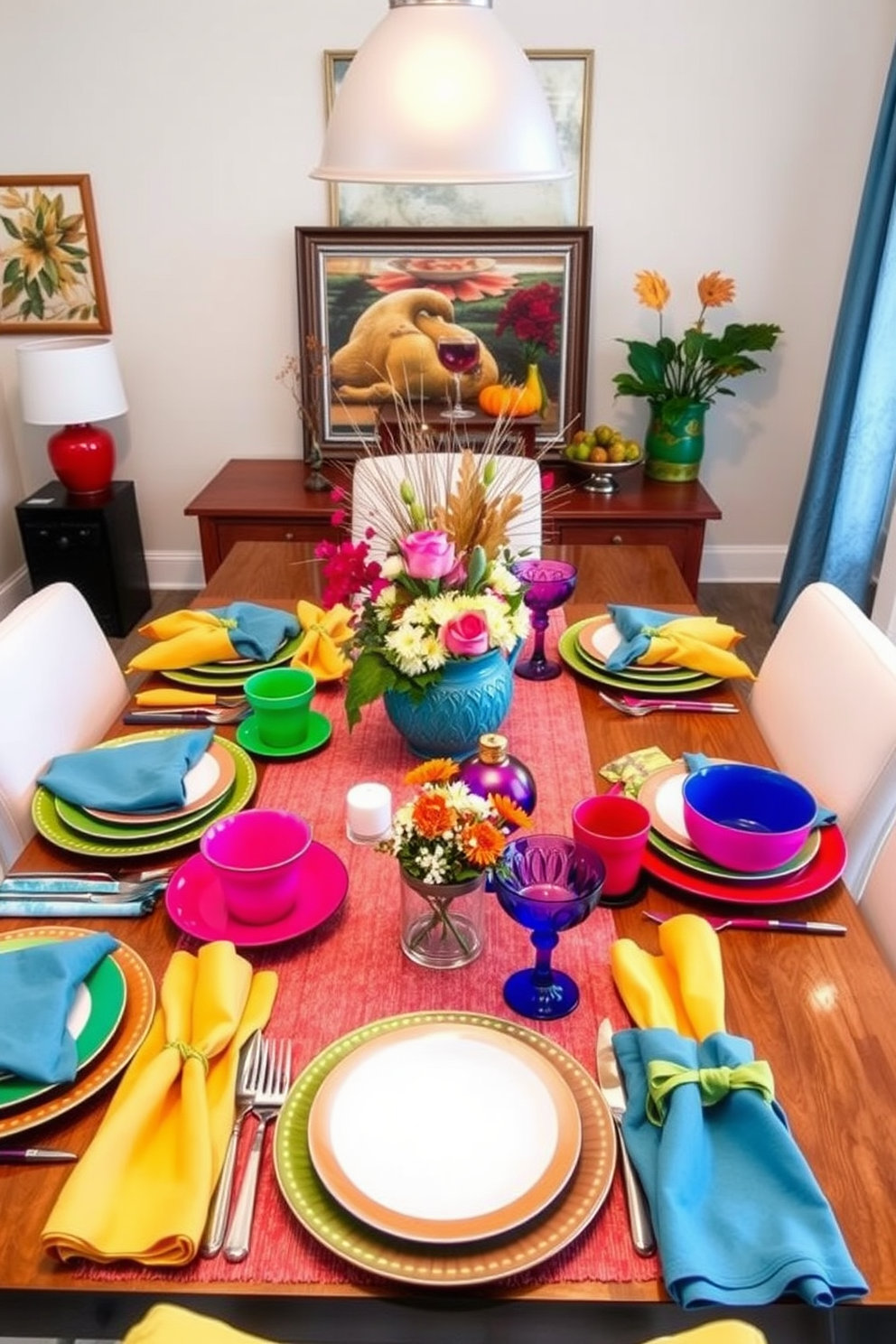 A vibrant dining table setting adorned with an array of colorful tableware. The table features a mix of bright plates, cheerful napkins, and decorative centerpieces that reflect the festive spirit of Thanksgiving. Creative small space decorating ideas that maximize style and functionality. The arrangement includes multi-purpose furniture, clever storage solutions, and bold accents to make the most of limited space while maintaining a warm and inviting atmosphere.