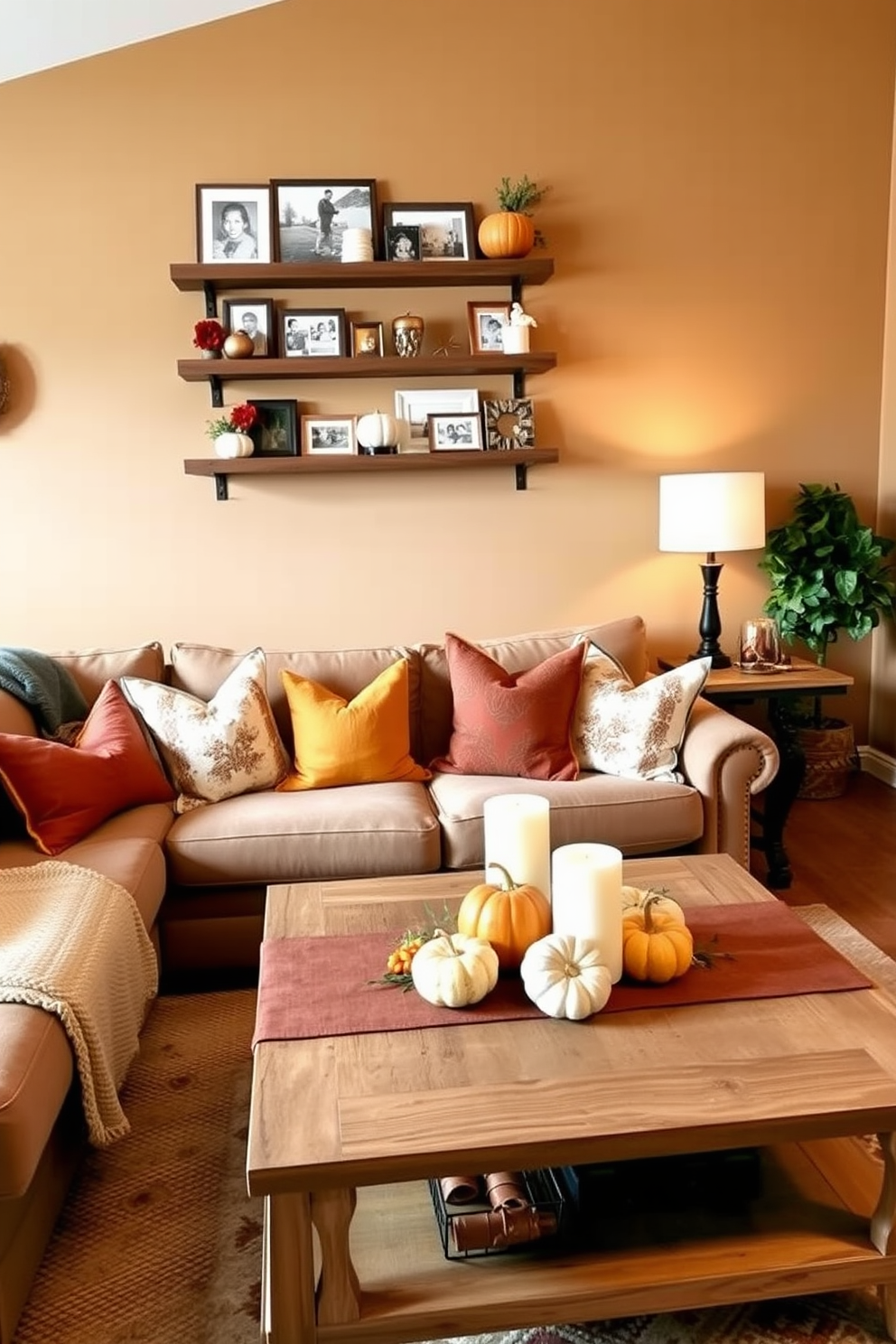 A cozy living room designed for Thanksgiving celebrations. The walls are adorned with warm, earthy tones and the space features floating shelves filled with seasonal decorations and family photos. A plush sofa is positioned against one wall, complemented by a rustic coffee table in the center. Soft throw pillows in autumn colors add comfort, while a decorative runner on the table showcases seasonal elements like pumpkins and candles.