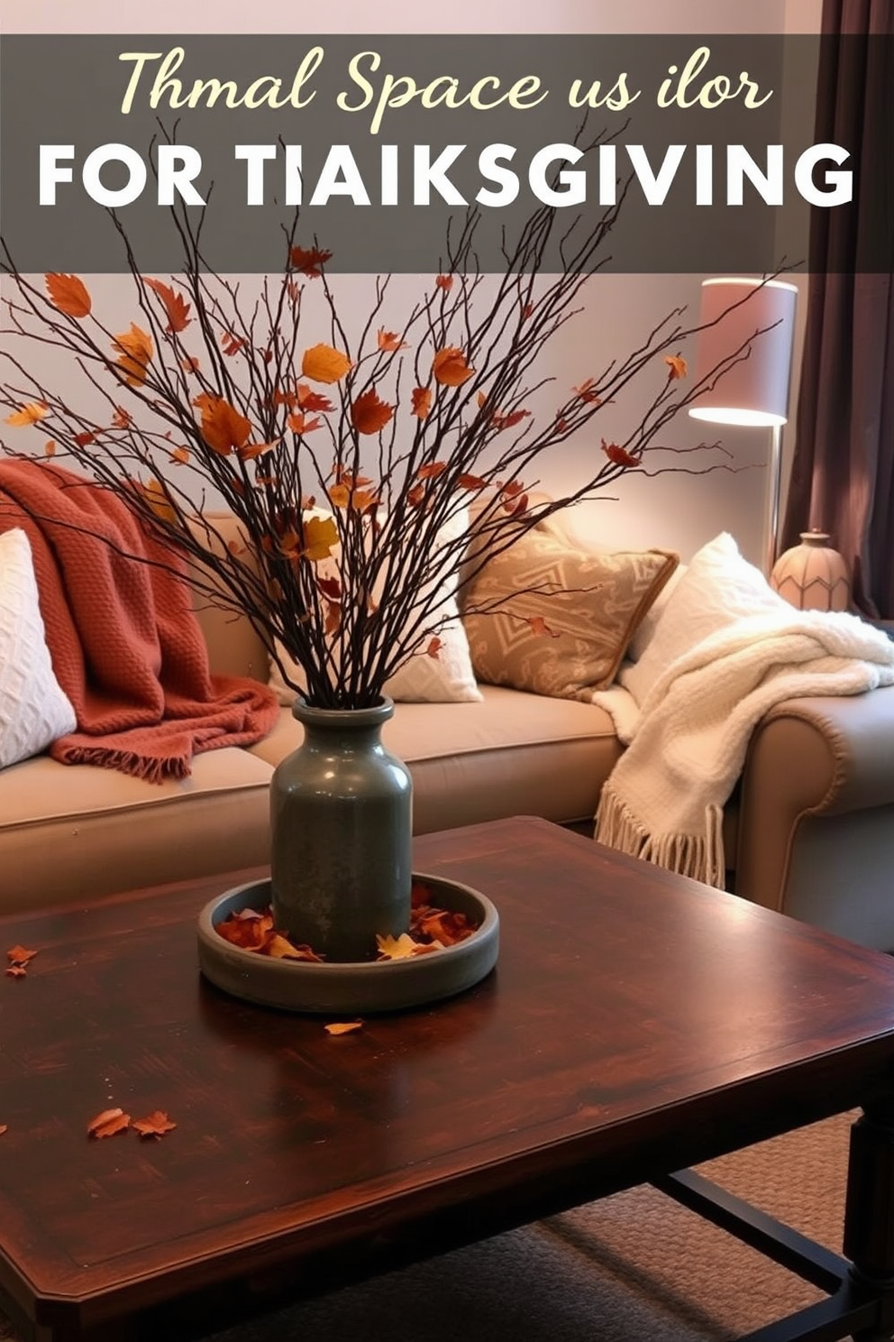 A cozy living room designed for Thanksgiving featuring a small space layout. Natural elements such as branches and autumn leaves are artfully arranged in a rustic vase on a coffee table. The seating consists of a comfortable loveseat adorned with warm, textured throws. Soft lighting from a nearby lamp creates an inviting atmosphere, highlighting the seasonal decor.