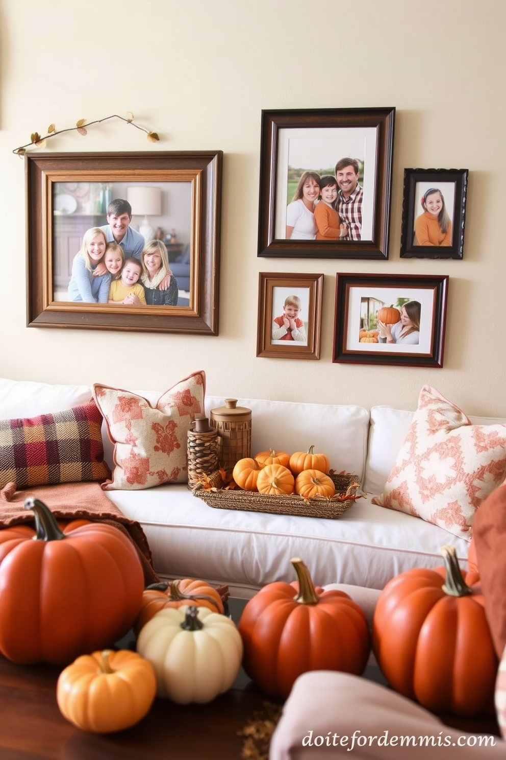 Create a cozy and inviting small living space that showcases family photos in fall-themed frames. The decor should include warm autumn colors, such as deep oranges and rich browns, with decorative elements like pumpkins and leaves to enhance the Thanksgiving spirit.