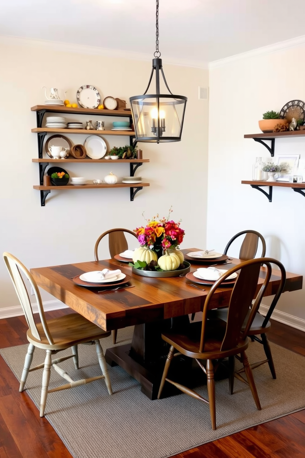 A cozy dining area designed for Thanksgiving features an extendable table made of reclaimed wood, surrounded by mismatched vintage chairs that add character. Soft, warm lighting from a pendant fixture above creates an inviting atmosphere, while a centerpiece of seasonal flowers and pumpkins adorns the table, enhancing the festive spirit. The walls are painted in a soft cream color, providing a neutral backdrop that complements the rich tones of the wood. To maximize space, decorative shelves are mounted on the walls, displaying elegant dinnerware and autumn-themed decor, making the area both functional and stylish.