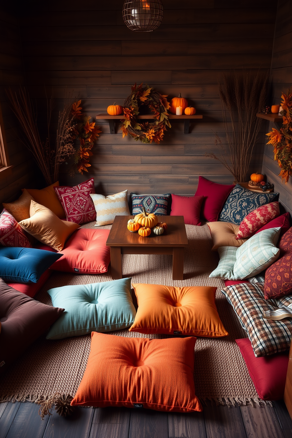 Cozy seating area with an array of colorful floor cushions arranged around a low wooden table. The space is adorned with warm autumn decorations, including small pumpkins and candles, creating a festive Thanksgiving atmosphere.