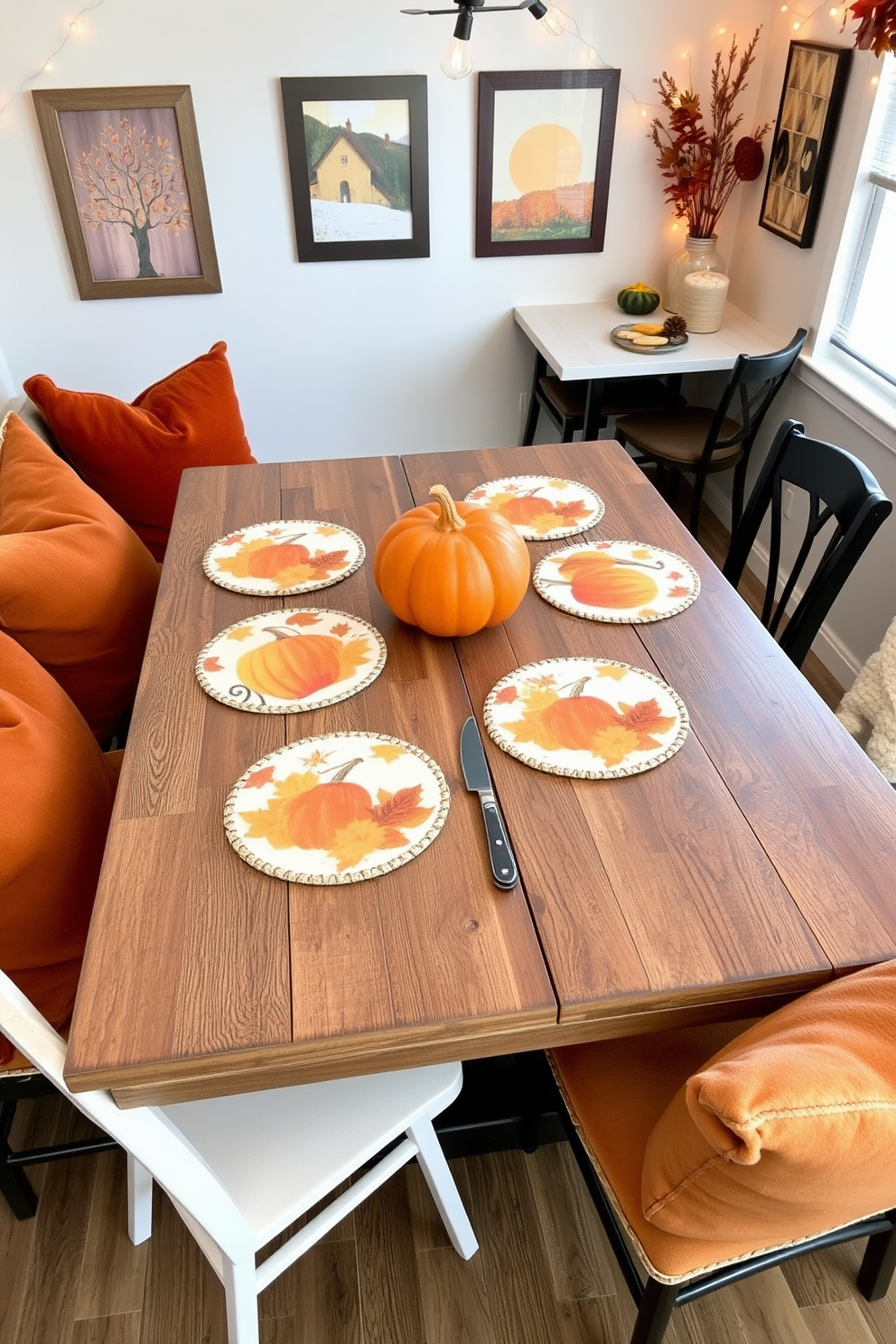 Thanksgiving themed coasters are beautifully arranged on a rustic wooden table, each featuring autumn leaves and pumpkins in warm shades of orange and yellow. Surrounding the table, a cozy seating area is adorned with plush cushions in earthy tones, creating an inviting atmosphere for holiday gatherings. In a small space, creative decorating ideas are showcased with a compact dining setup that includes a stylish drop-leaf table and stackable chairs. The walls are adorned with seasonal artwork and string lights, enhancing the festive ambiance while maximizing the use of limited space.