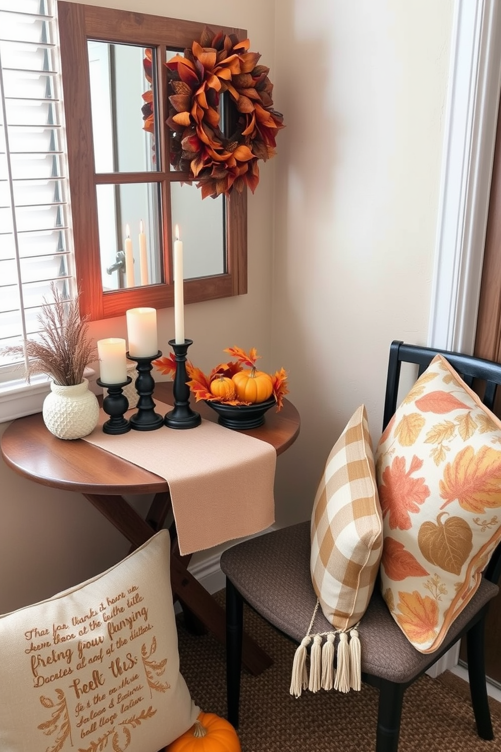 Create a cozy vignette that captures the essence of Thanksgiving in a small space. Incorporate elements like a rustic wooden table adorned with a simple table runner, seasonal candles, and a small centerpiece featuring autumn leaves and mini pumpkins. Use warm, inviting colors to enhance the atmosphere, such as deep oranges, rich browns, and soft golds. Arrange decorative pillows with fall-themed patterns on a nearby chair to create a welcoming seating area.