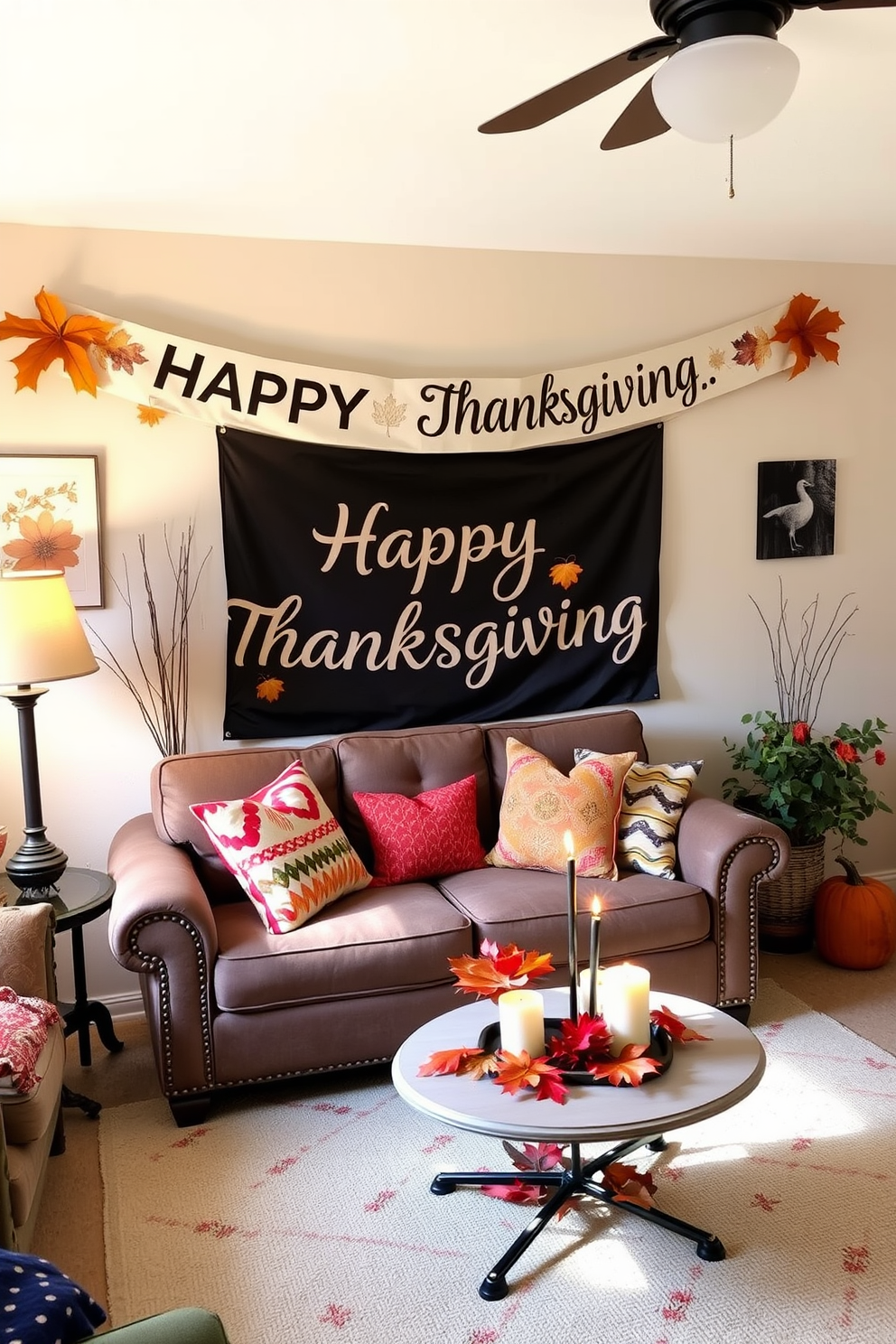 A cozy living room adorned with a festive banner celebrating Thanksgiving. The space features a compact sofa with colorful throw pillows and a small coffee table decorated with autumn leaves and candles.