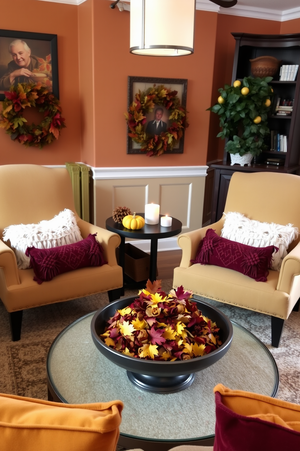 A cozy living room adorned with autumn-themed decorations. A small coffee table is surrounded by plush chairs, and a bowl of potpourri with seasonal scents sits at the center. The walls are painted in warm earth tones, creating an inviting atmosphere. Decorative throw pillows in rich burgundy and mustard yellow add a festive touch to the space.