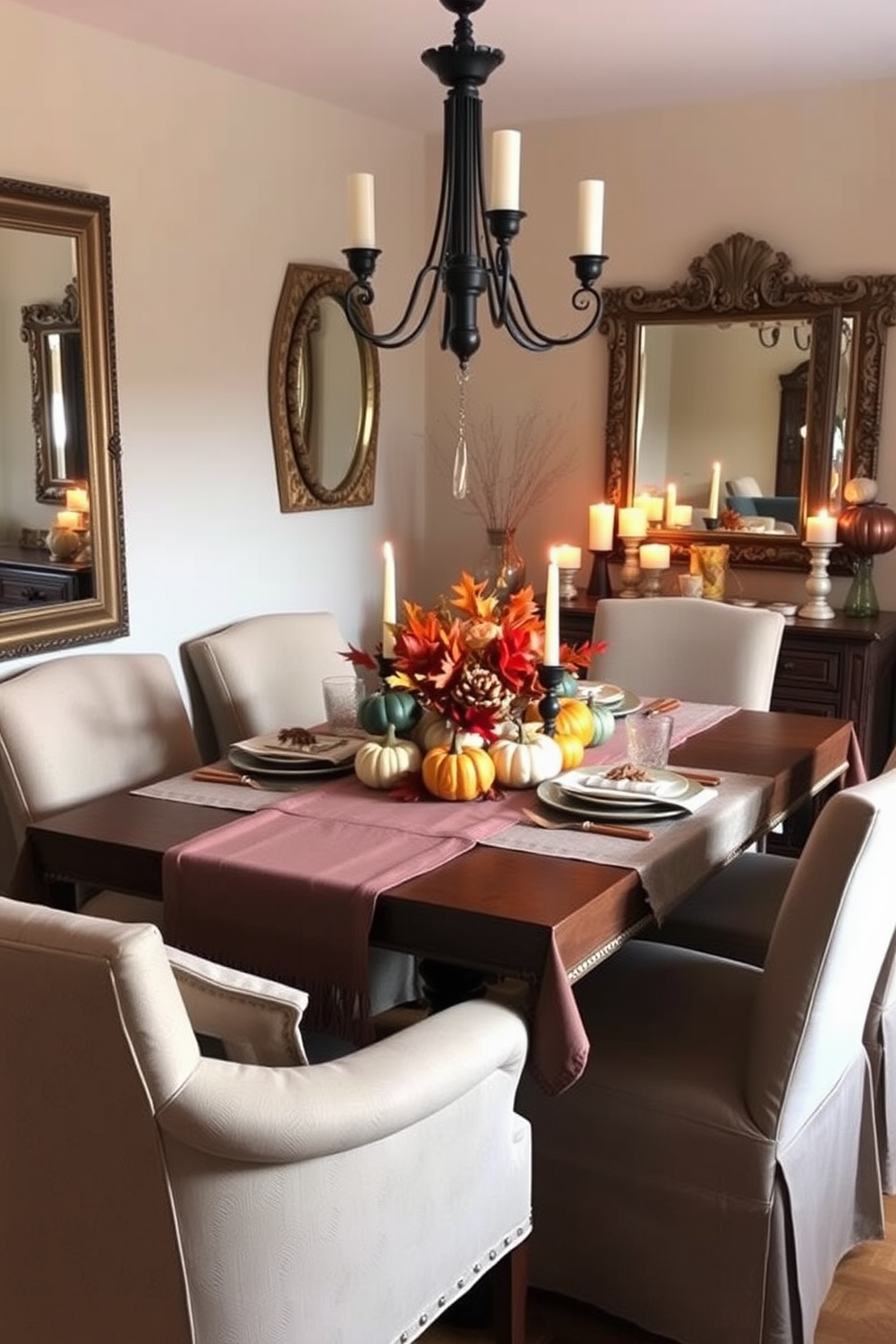 A cozy dining area designed for Thanksgiving. The table is set with a rustic tablecloth and adorned with seasonal decorations, while mirrors on the walls amplify the warm glow of candlelight. The space is filled with autumn colors, featuring a centerpiece of pumpkins and foliage. Comfortable chairs surround the table, creating an inviting atmosphere for family gatherings.