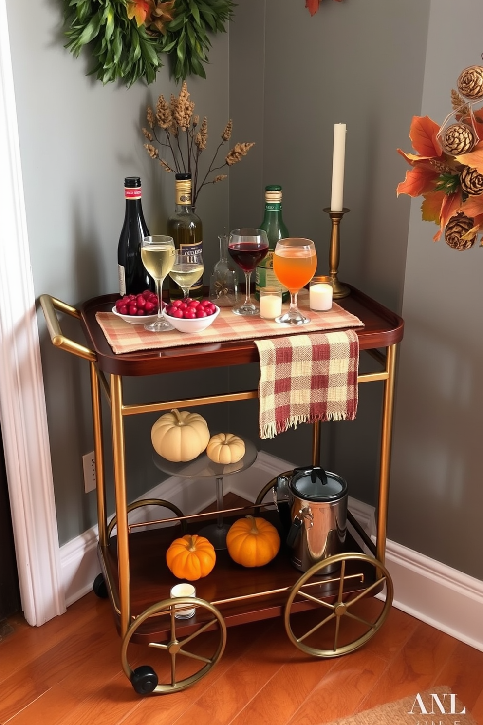 A charming small bar cart is set up in a cozy corner, featuring a polished wood finish and elegant gold accents. It is adorned with an assortment of festive drinks, including sparkling cider and seasonal cocktails, complemented by decorative glassware and a small bowl of fresh cranberries. The cart is decorated with autumn-themed accents, such as miniature pumpkins and a warm plaid runner. A few carefully placed candles add a touch of warmth, creating an inviting atmosphere perfect for Thanksgiving gatherings.