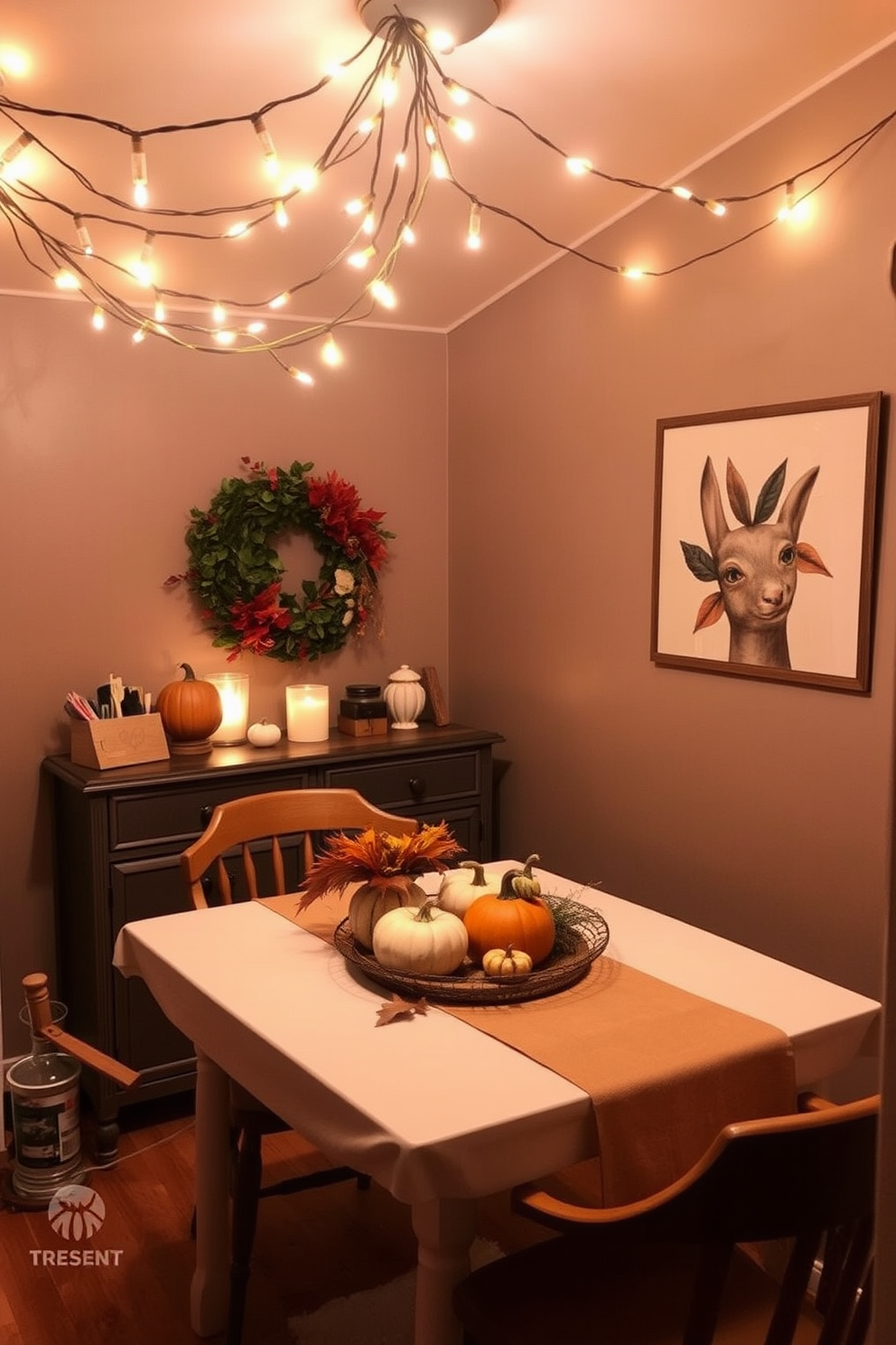 Create a gratitude wall featuring colorful notes expressing thankfulness for Thanksgiving. The wall is adorned with string lights and a mix of framed and unframed notes, creating a warm and inviting atmosphere in a small space.