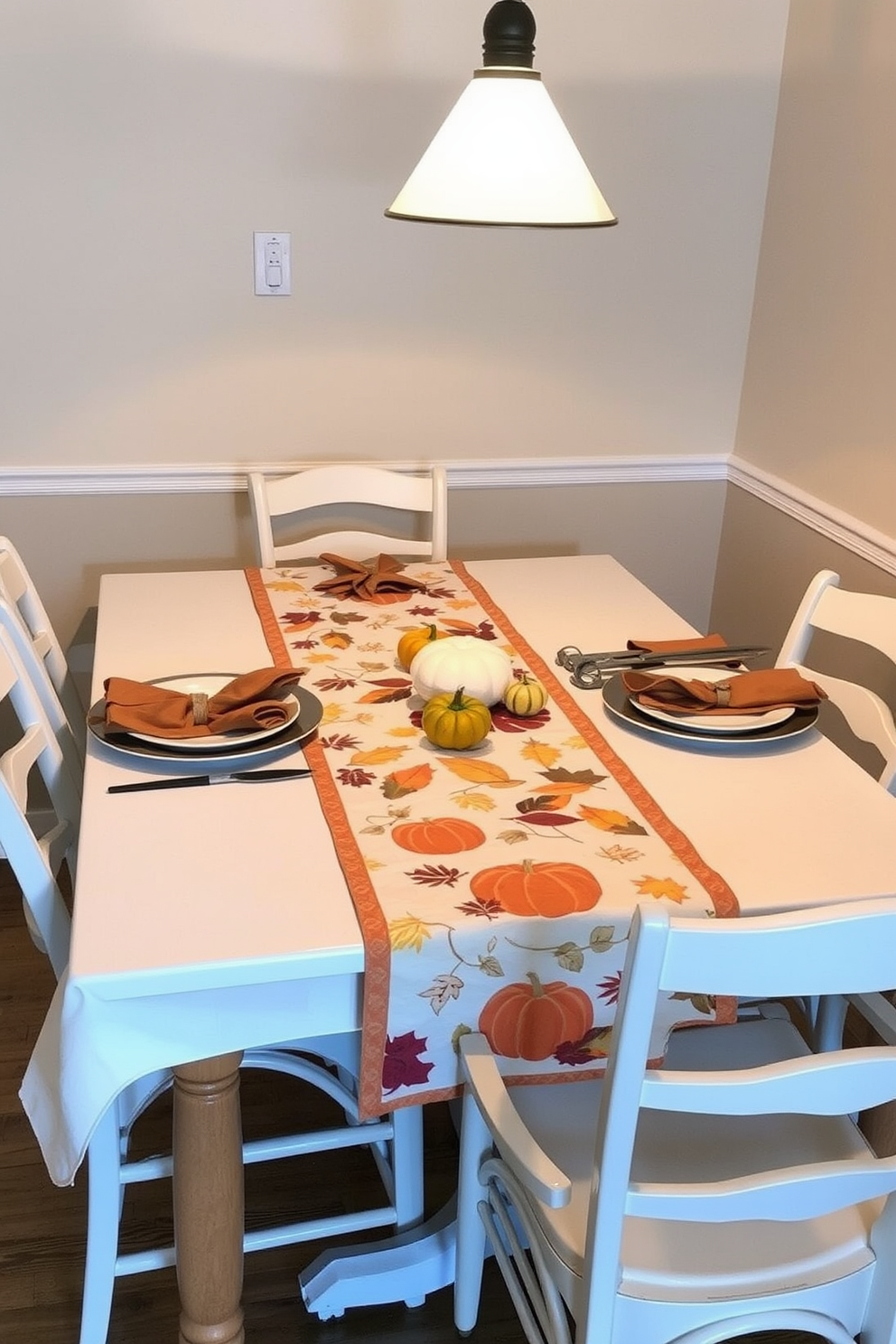 A cozy dining area adorned with a harvest-themed table runner featuring autumn leaves and pumpkins. The table is set for a Thanksgiving meal, with elegant plates, warm-toned napkins, and small decorative gourds scattered across the cloth. In a small space, the dining chairs are lightweight and easily stackable, allowing for flexible arrangement. Soft, ambient lighting from a pendant fixture above enhances the inviting atmosphere, creating a perfect setting for holiday gatherings.