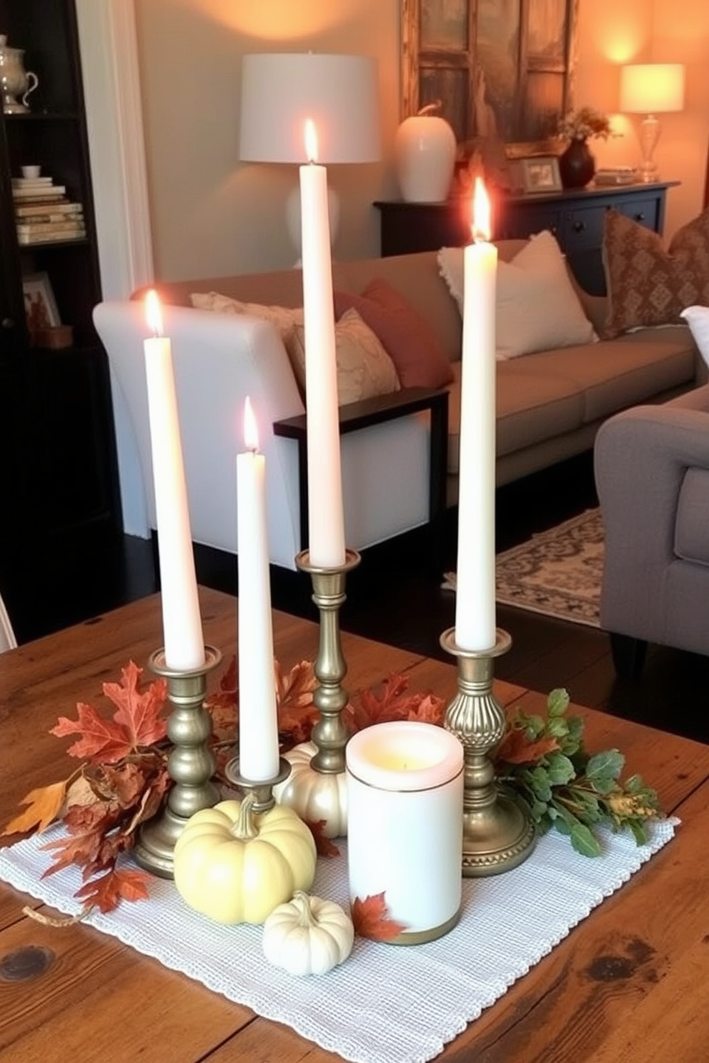 A cozy dining area featuring a foldable dining table set against a light-colored wall. The table is adorned with a simple white tablecloth and a centerpiece of autumn leaves and candles, creating a warm Thanksgiving atmosphere. Around the table, there are four stylish chairs that can be easily tucked away when not in use. Soft, ambient lighting from a pendant lamp above enhances the inviting feel of the small space.