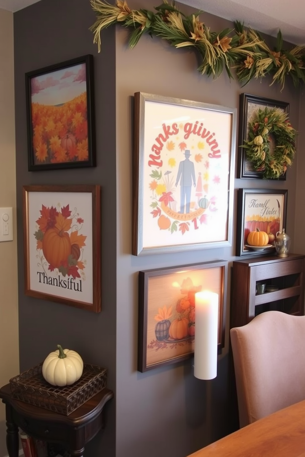 Seasonal artwork adorns the display walls, featuring vibrant autumn colors and themes of gratitude. Cozy decor elements are strategically placed to enhance the charm of the small space, creating an inviting atmosphere for Thanksgiving gatherings.