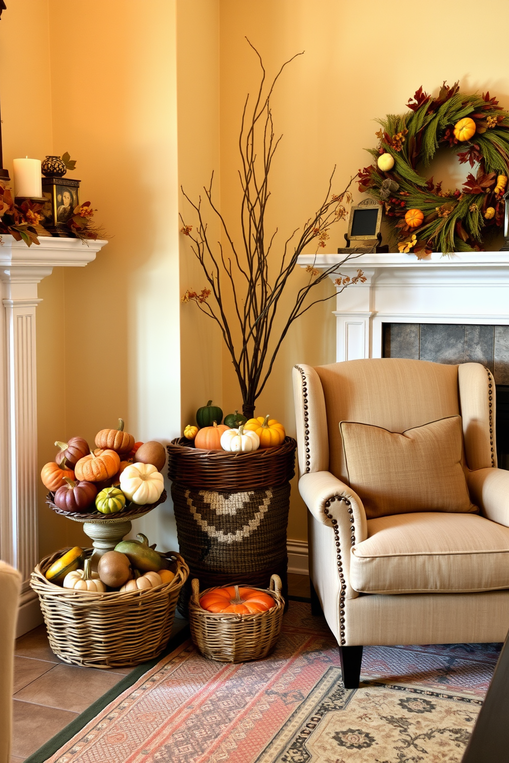 A cozy living room corner decorated for Thanksgiving features decorative baskets filled with an assortment of colorful gourds. The space is enhanced by warm, soft lighting and a small, inviting armchair placed nearby, creating a welcoming atmosphere for holiday gatherings.