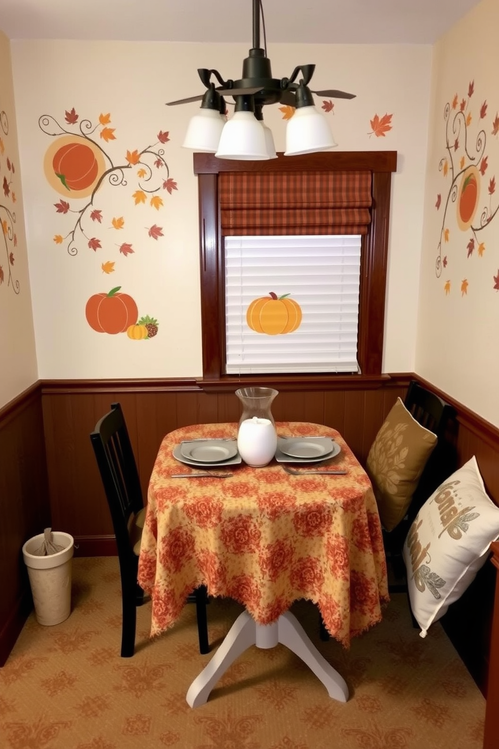 Create a cozy Thanksgiving-themed small space decorated with wall decals featuring autumn leaves and pumpkins. The space should include a small dining table set with a festive tablecloth, surrounded by chairs adorned with decorative cushions.