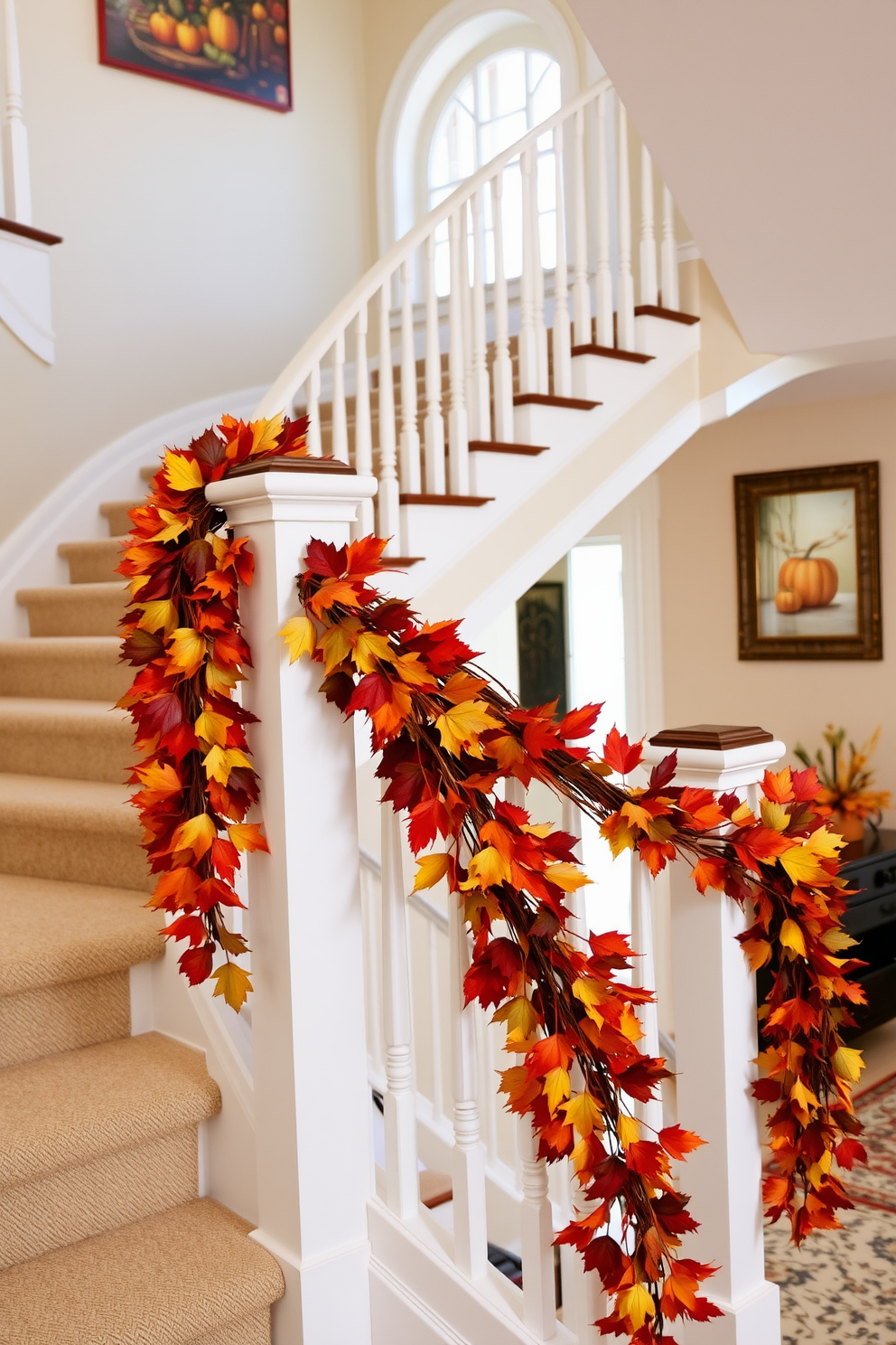 A warm and inviting staircase adorned with an autumn leaves garland gracefully draped along the banister. The vibrant hues of red, orange, and yellow leaves create a festive atmosphere, complemented by small pumpkins placed on the steps below.